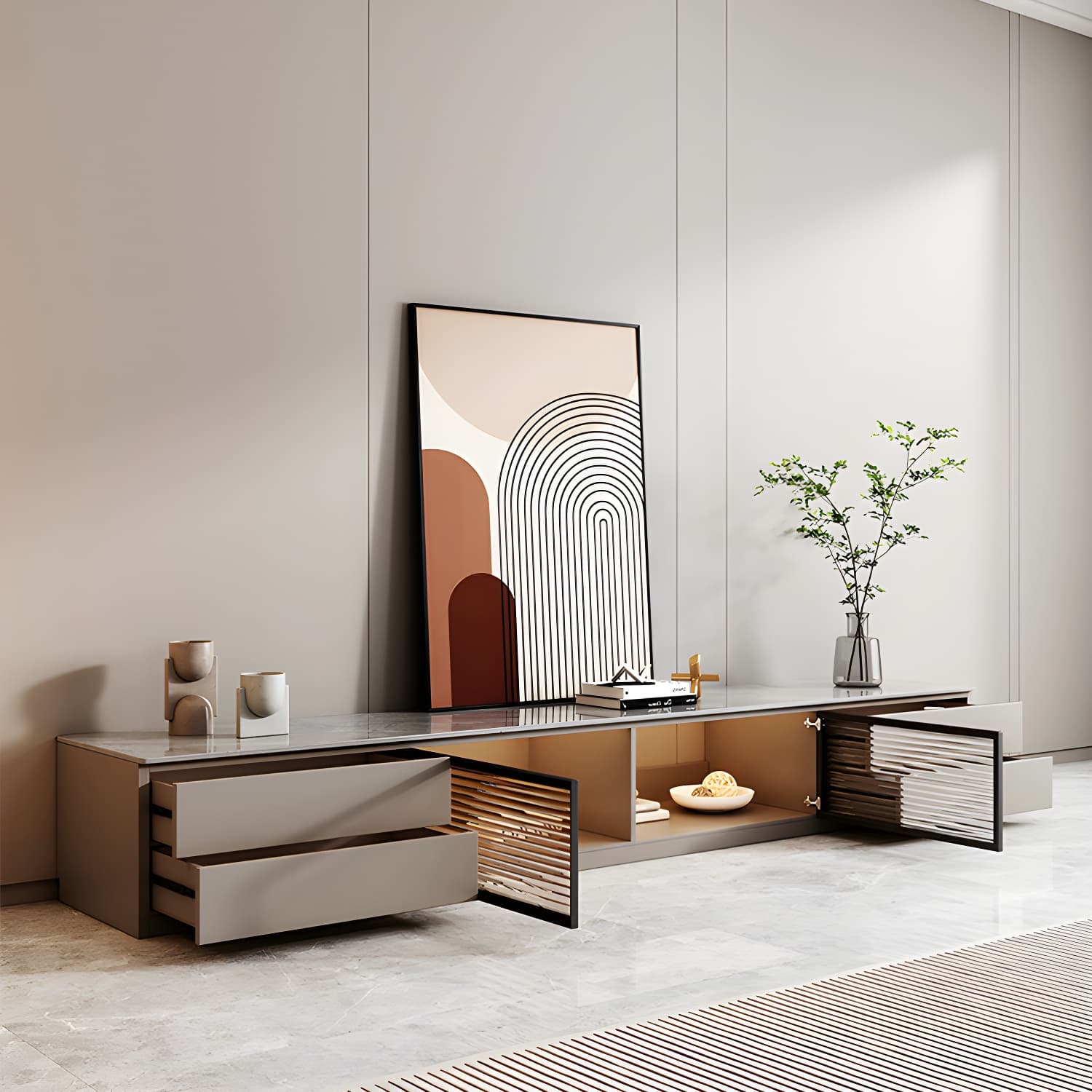 Champagne Stone TV Stand with Drawers and Cabinet for Modern Style and Cable Management - image 3