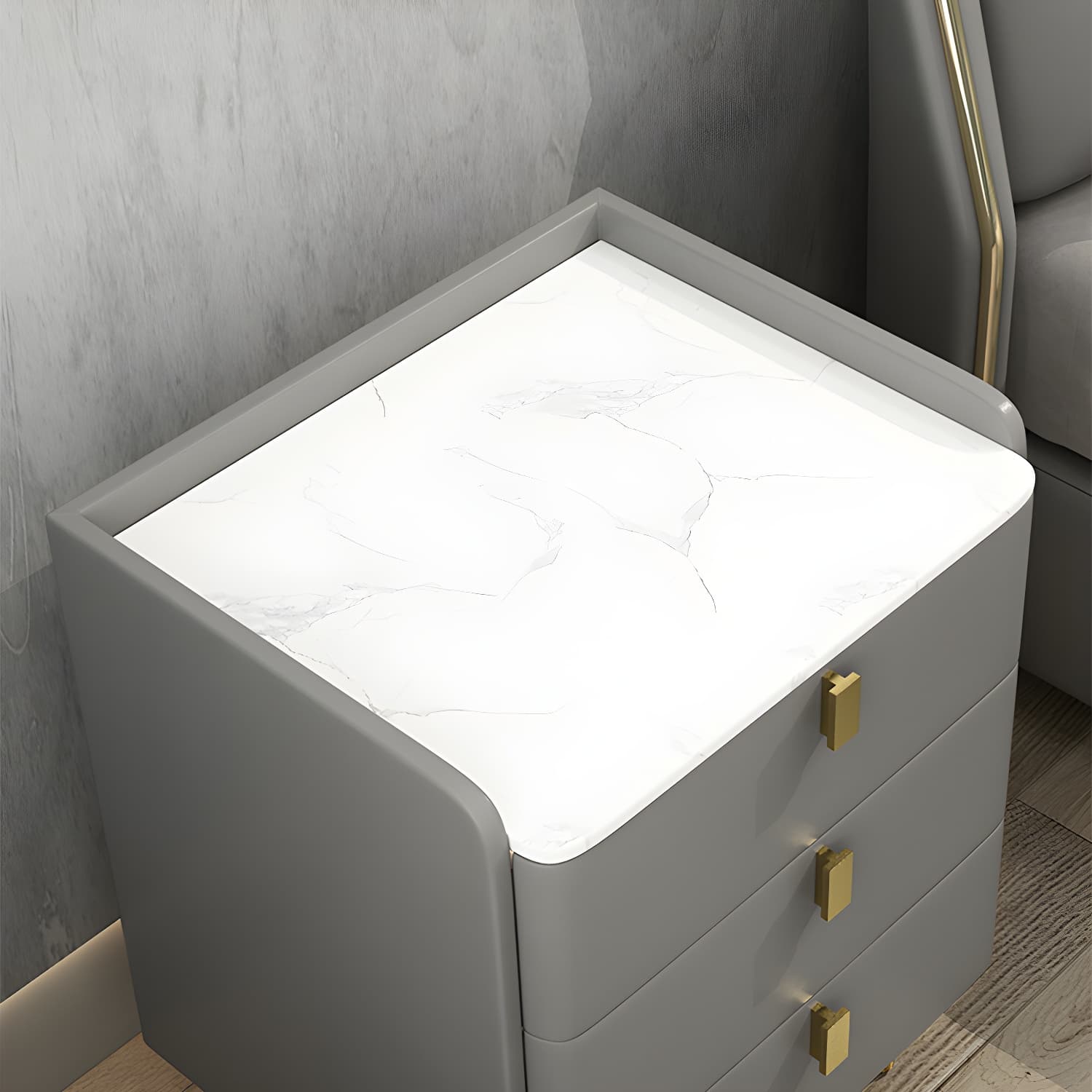 Faux Leather Nightstand Modern 3 - Drawer Nightstand with Stone Top - image 14