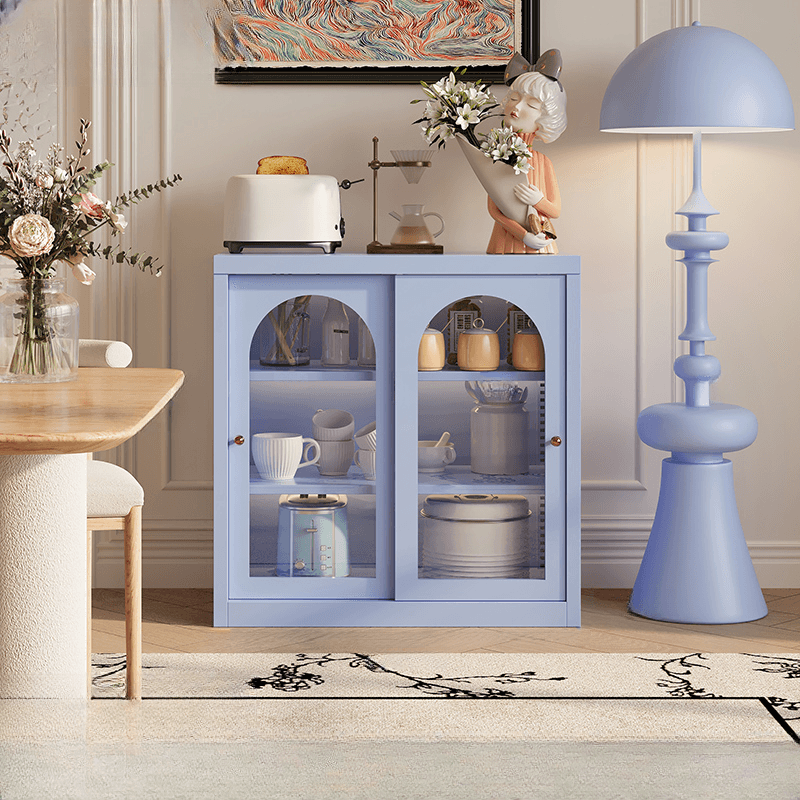 Simple Narrow Iron Countertop Sideboard with Cupboard, Glass Doors, and Changeable Shelf