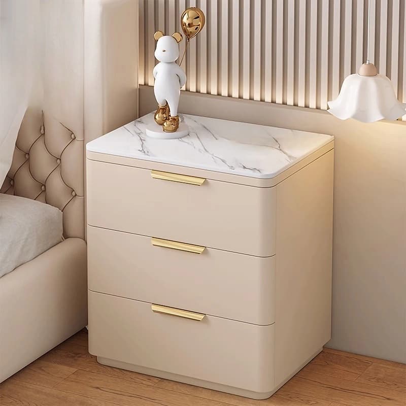 Modern 3 Drawers Nightstand with Slate Countertop and Gold Handles for Bedroom