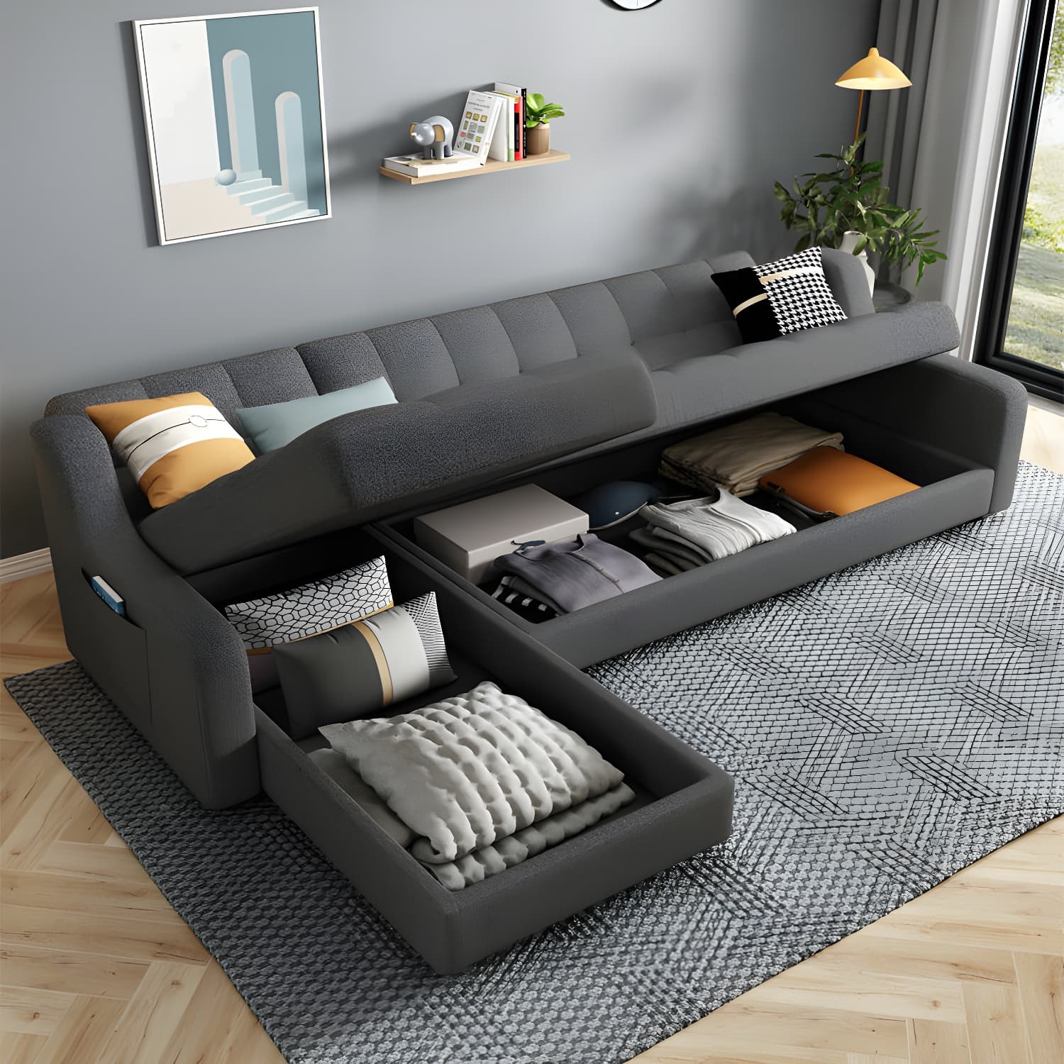 Modern Gray Linen Sleeper Sectional in Wood Frame without Nail Head Trim - image 4
