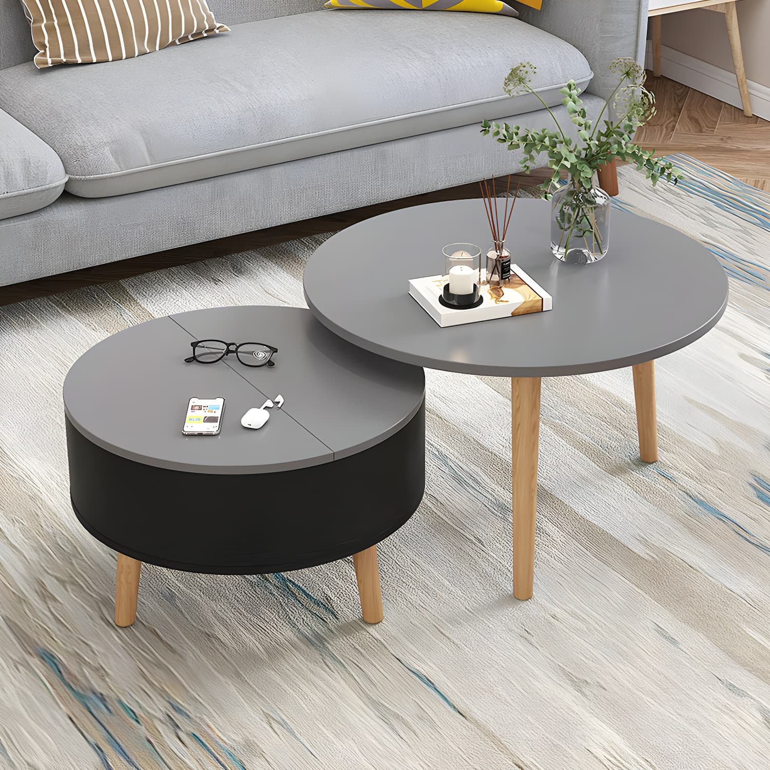Round Solid Wood 3 Legs Coffee Table with Storage Drawers Modern Cocktail Table - image 4