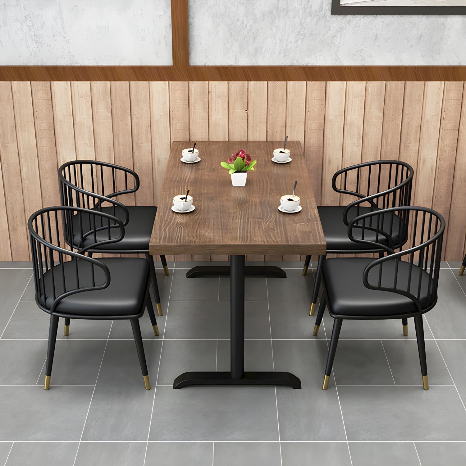 Solid Wood Dining Table Industrial Square Dining Table with Metal Base