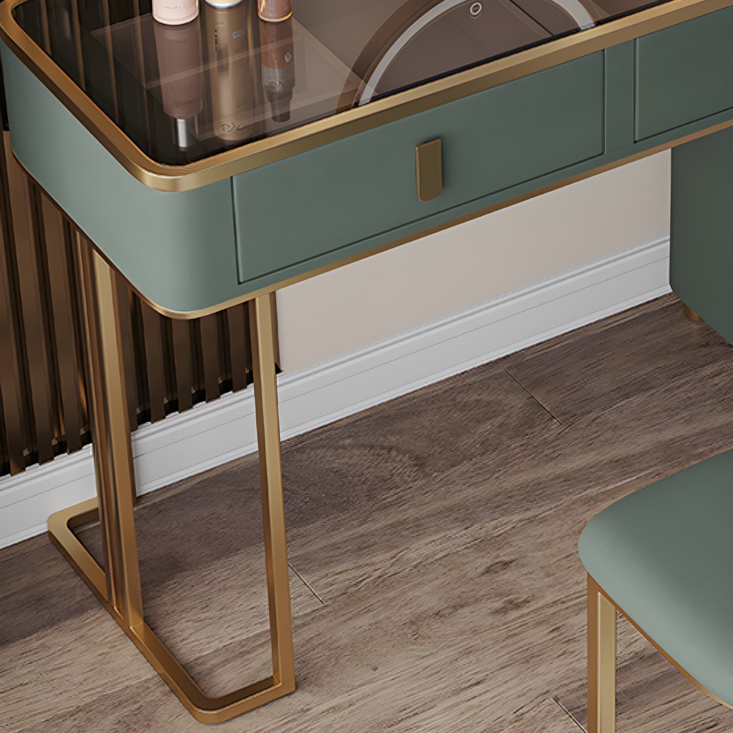 Glass Top Dressing Table Solid Wood Green Make-up Vanity with Drawers - image 8