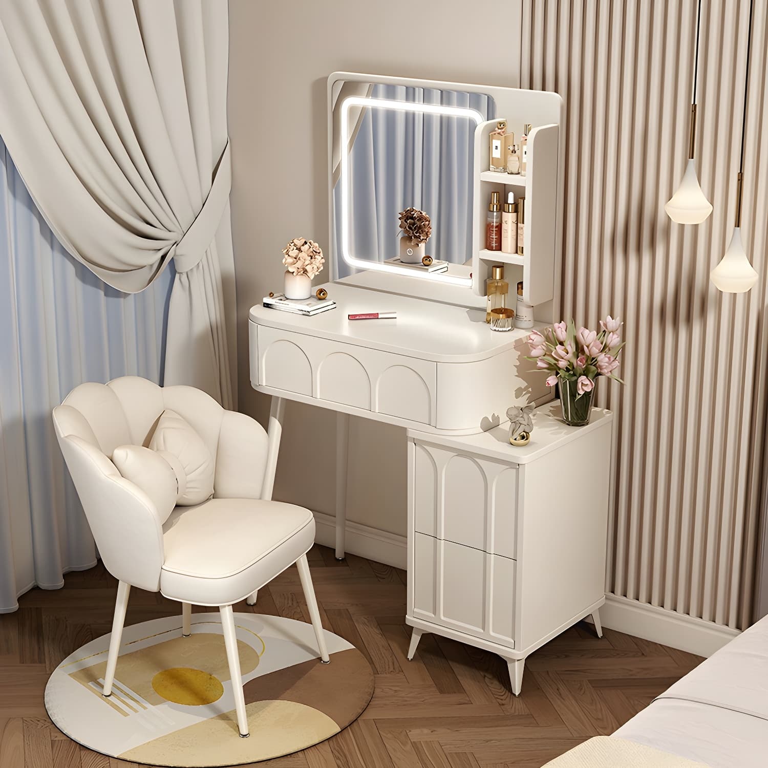 Modern White Wood Makeup Vanity with Drawers, Mirror, and Soft Close Drawer Glides - image 4