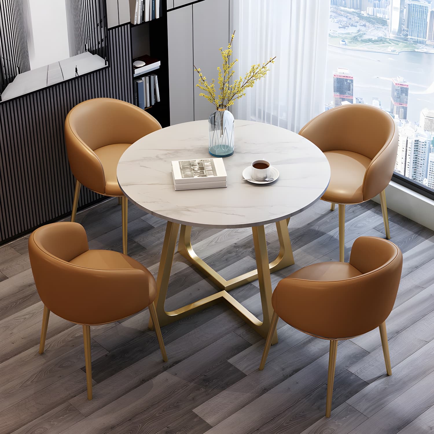 5-Piece Glam Dining Set Round White Table with Gold Metal Base and Upholstered Chairs - image 3