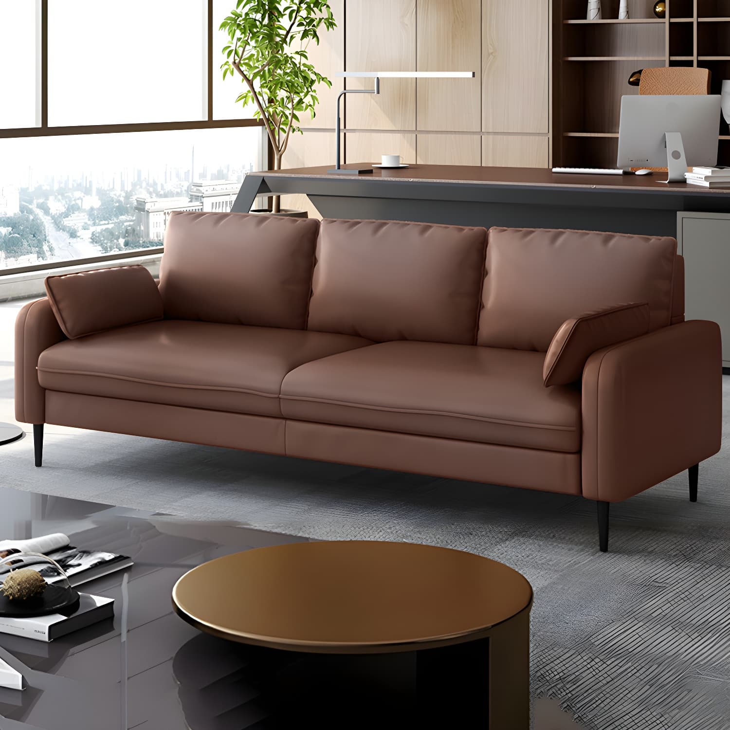 3-Seater Faux Leather Sofa Mid Century Loose Back Square Arm Settee