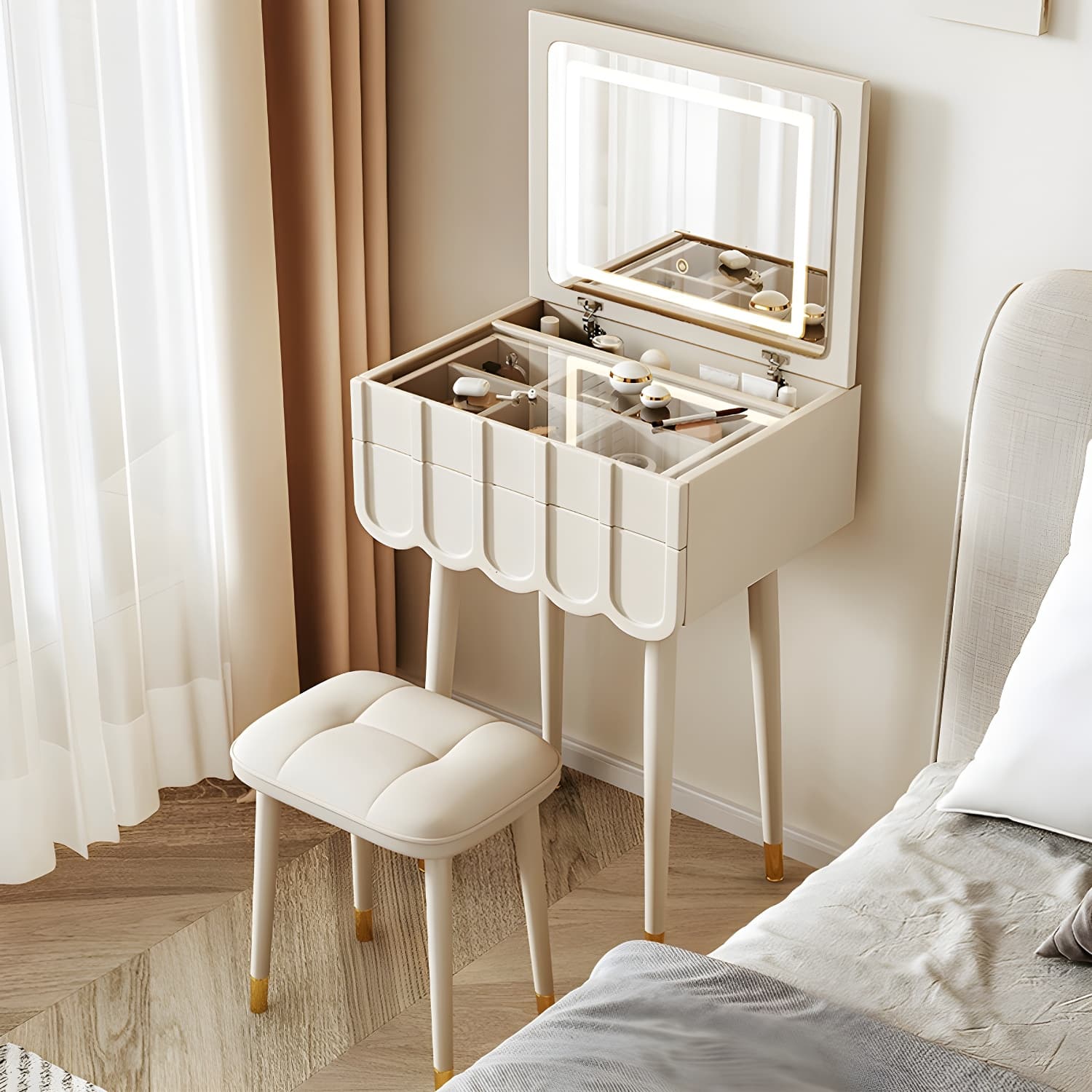 Elegant Vanity Set with Oak Top & Mirror & 2 Drawers & Comfortable Seat - image 4