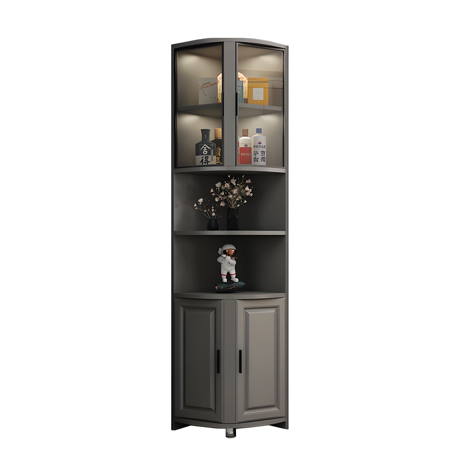 Gray Corner Accent Cabinet with Glass Doors and 8 Interior Shelves - image 5