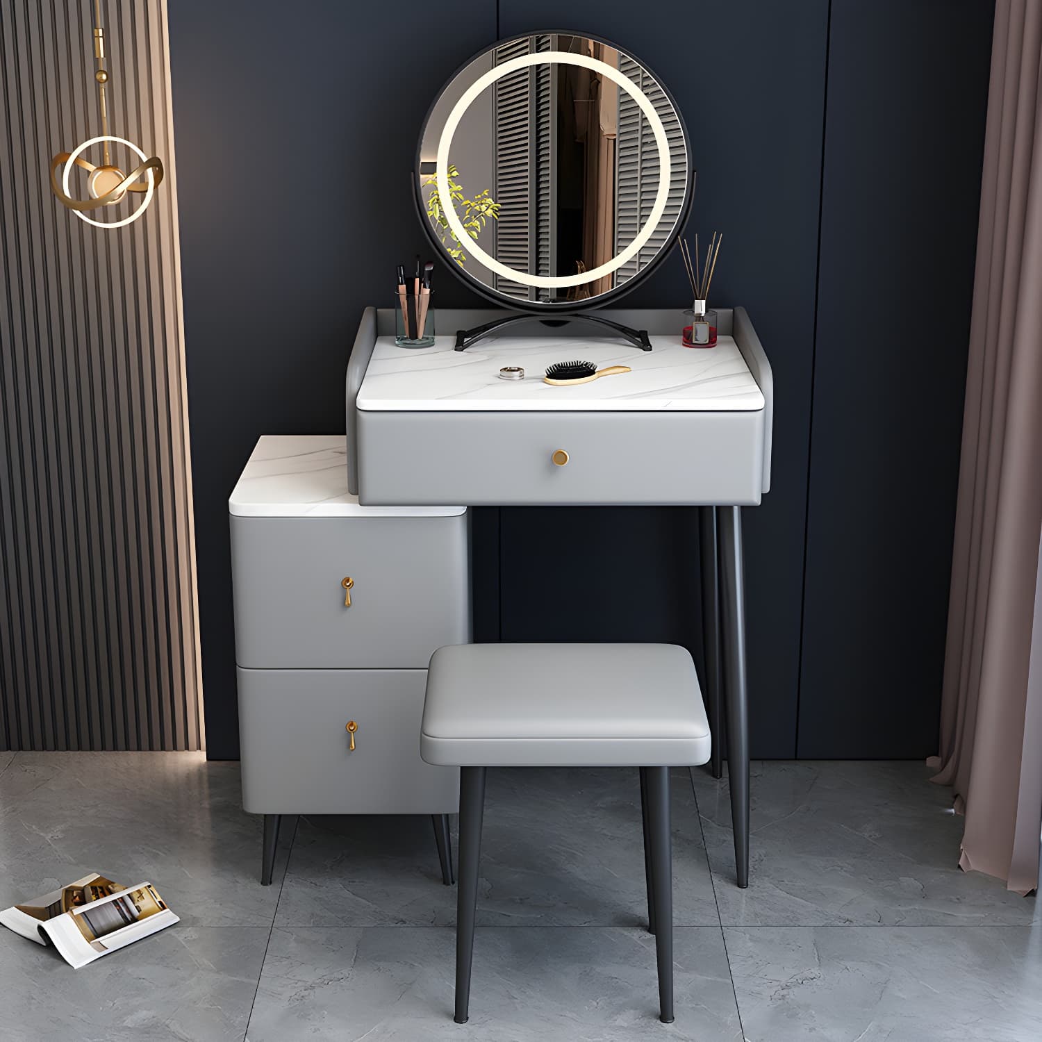 Contemporary Make-up Vanity with Stone Top and Metal Legs for Bedroom - image 5