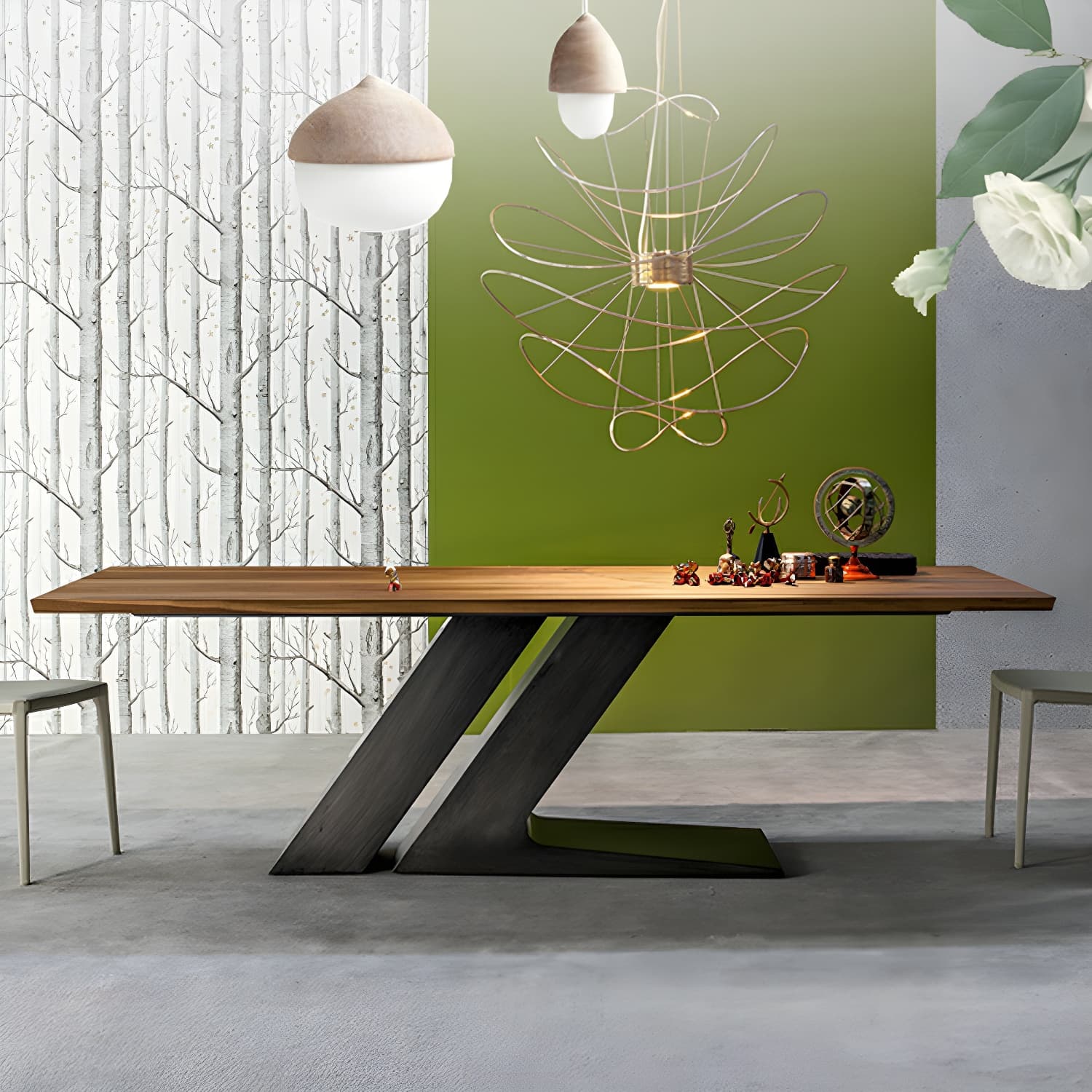 Modern Black Rectangle Wood Top Kitchen & Dining Table with Pedestal Base in Iron - image 4