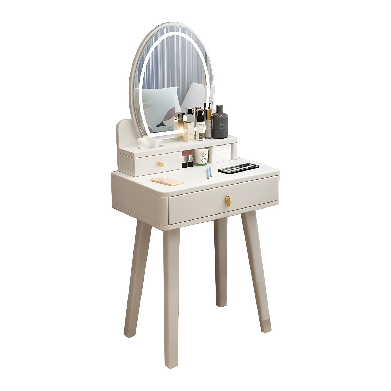 Modern Wood Makeup Vanity with Drawers, Mirror & Upholstered Chair - image 16