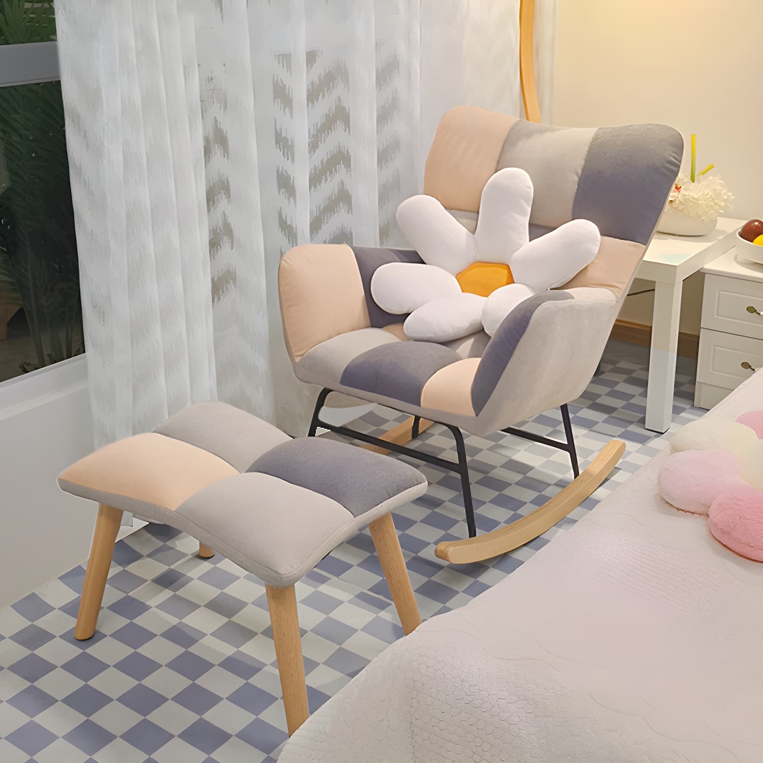 Fabric Rocking Chair Color Panel Contemporary Tufted Cushions Rocker Chair with Ottoman - image 13