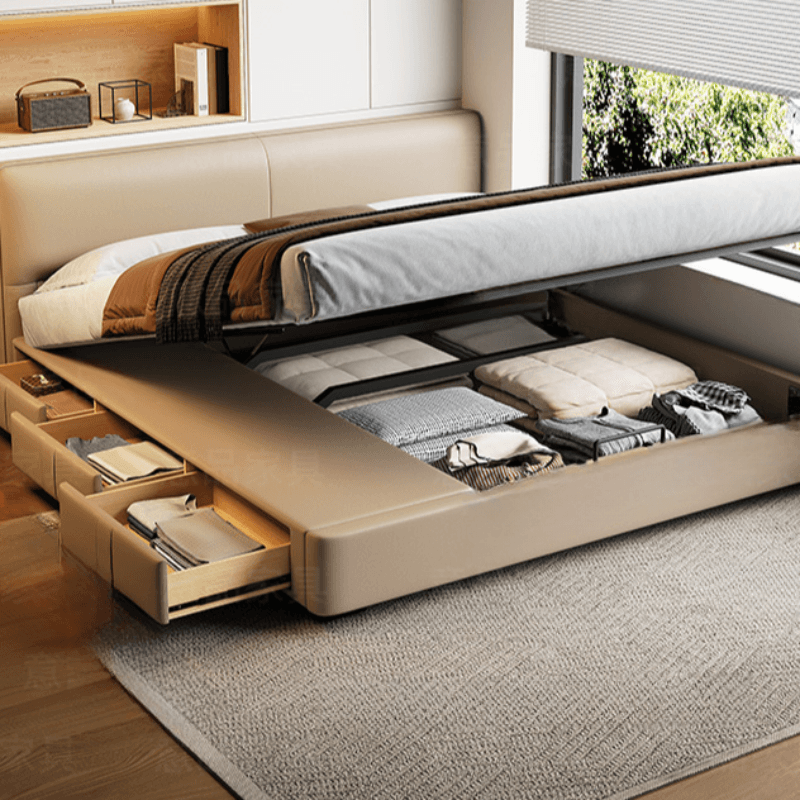 Cream Solid Color Storage Bed/Storage Panel Bed with 3 Storage Boxes, Genuine Leather Frame, Panel Headboard, and Sponge Upholstery for Living Room - image 4