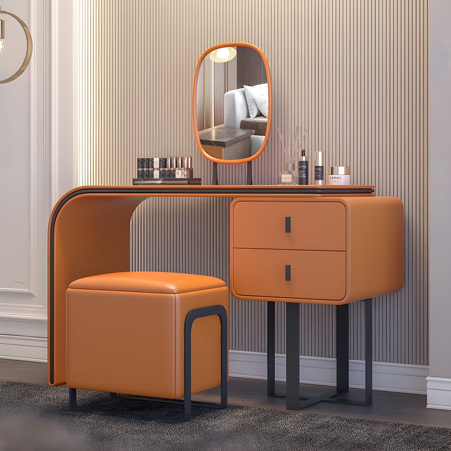 Glam Vanity Set With Drawer Leather Mirror Bedroom Make-up Vanity - image 3