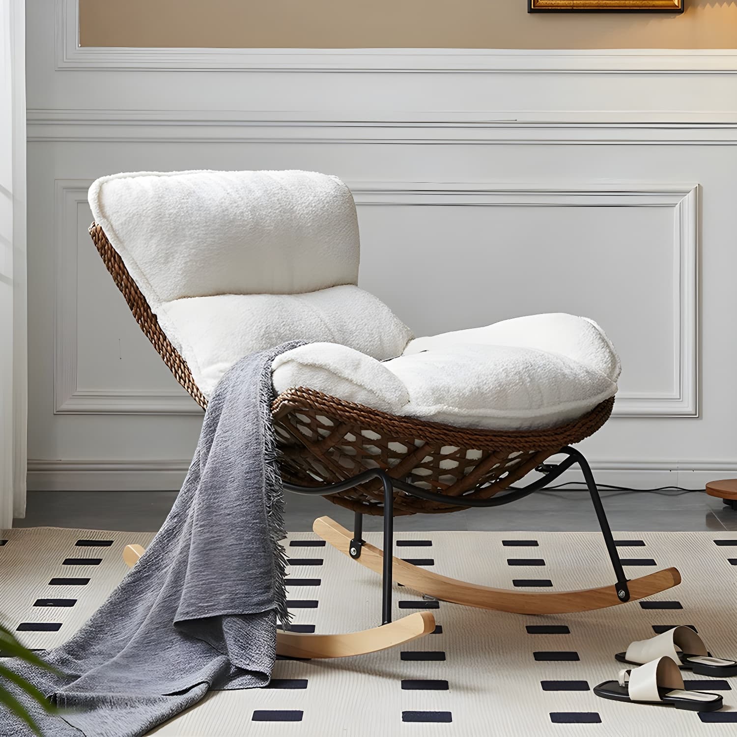 Elegant Walnut Wood Rocking Chair for Modern Living - Upholstered Seating and Stylish Track Arms - image 7