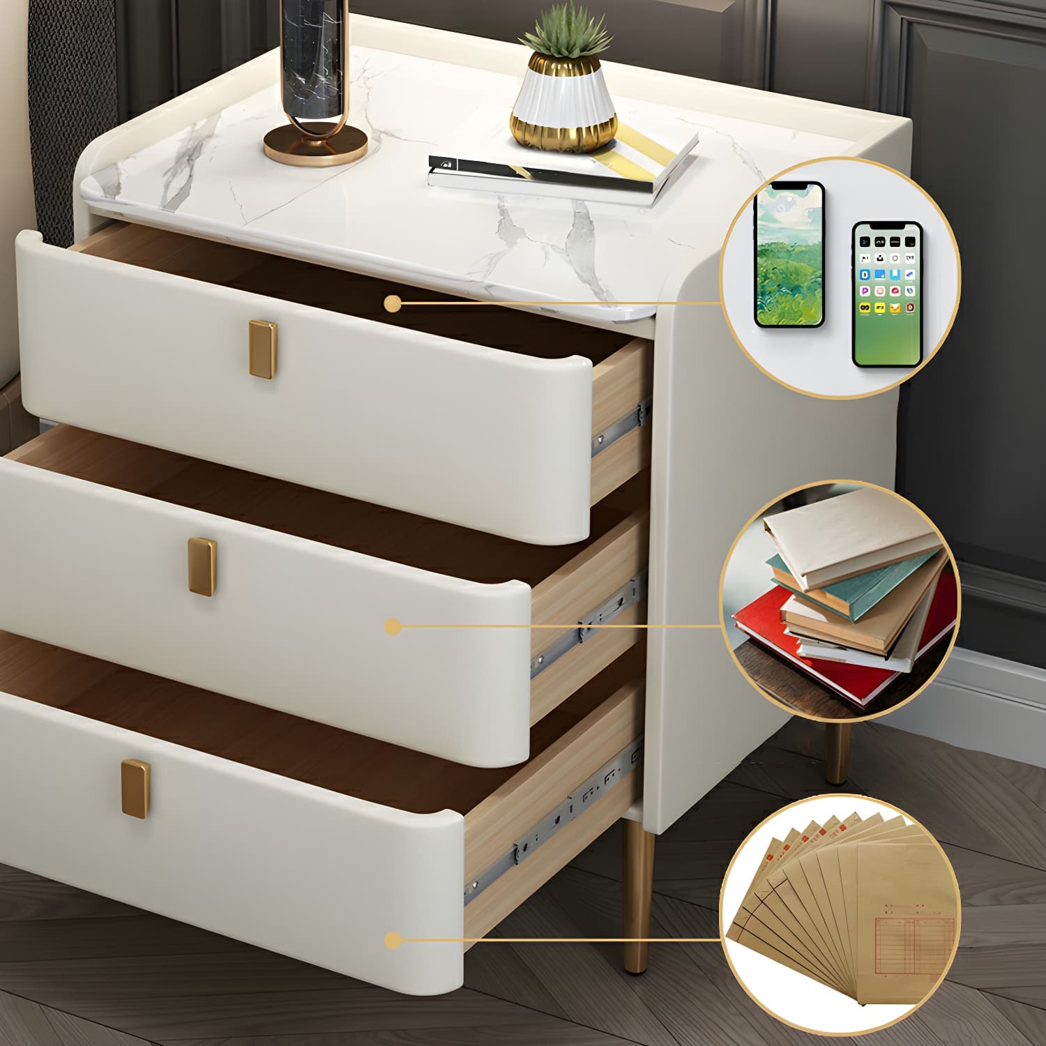 Glam Style Sintered Stone Top Drawer Storage Nightstand for Bedroom - image 30