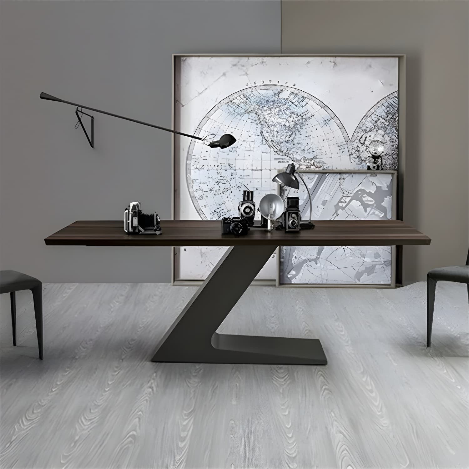 Modern Black Rectangle Wood Top Kitchen & Dining Table with Pedestal Base in Iron - image 3