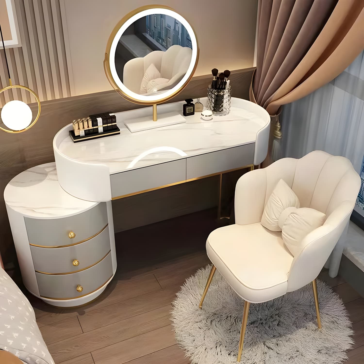 Contemporary Bedroom Metallic Lighted Mirror With Drawer Makeup Vanity Set - image 5
