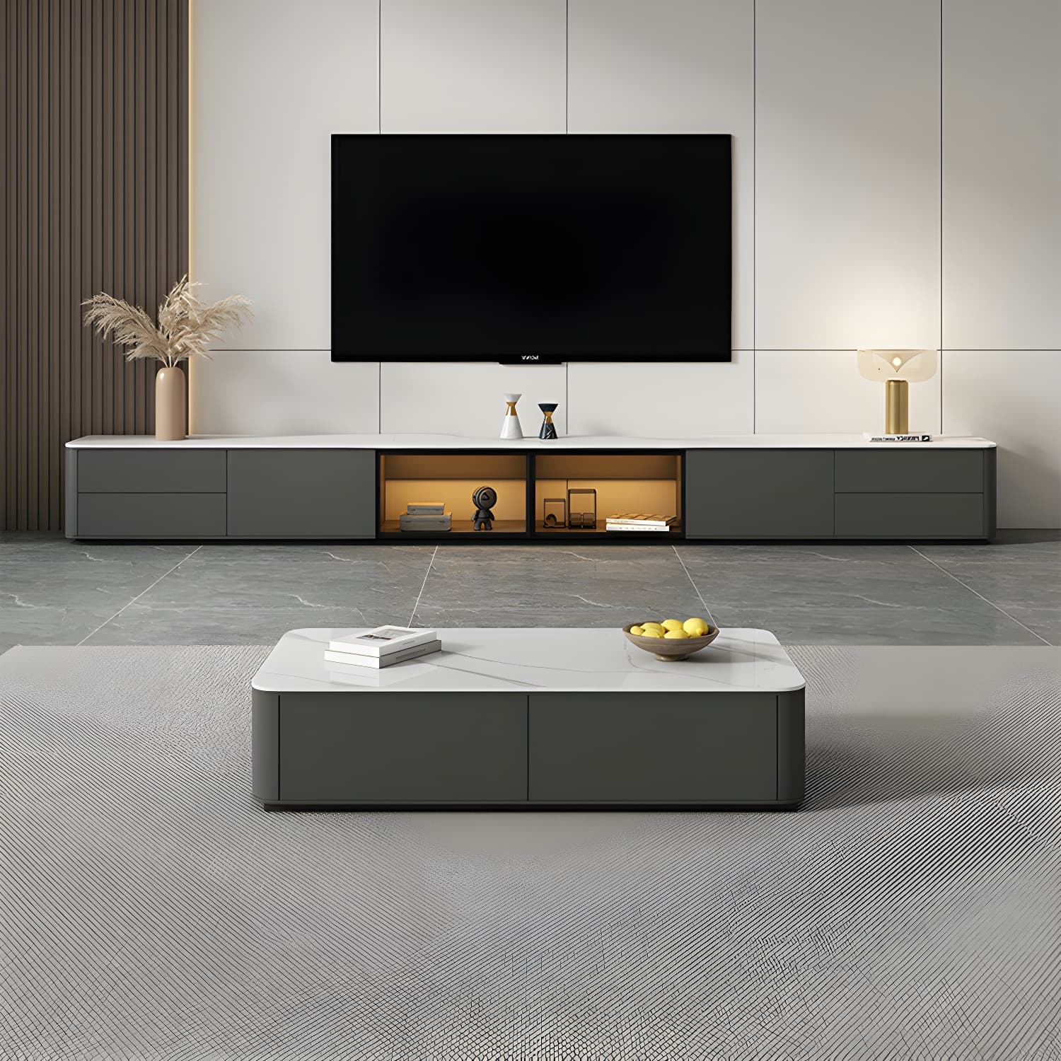 Grey Stone TV Stand with Drawers and Cabinet and No Cable Management for Modern-Style Long TVs - image 10