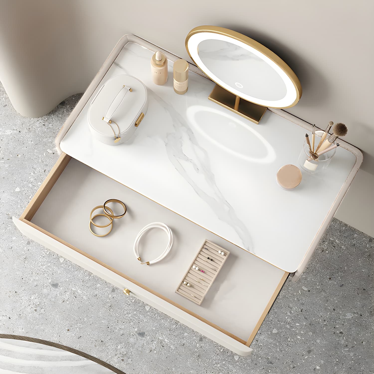 Glam Style Off-white Slate Countertop Wall Mounted with 1/2 Drawer Dresser - image 3