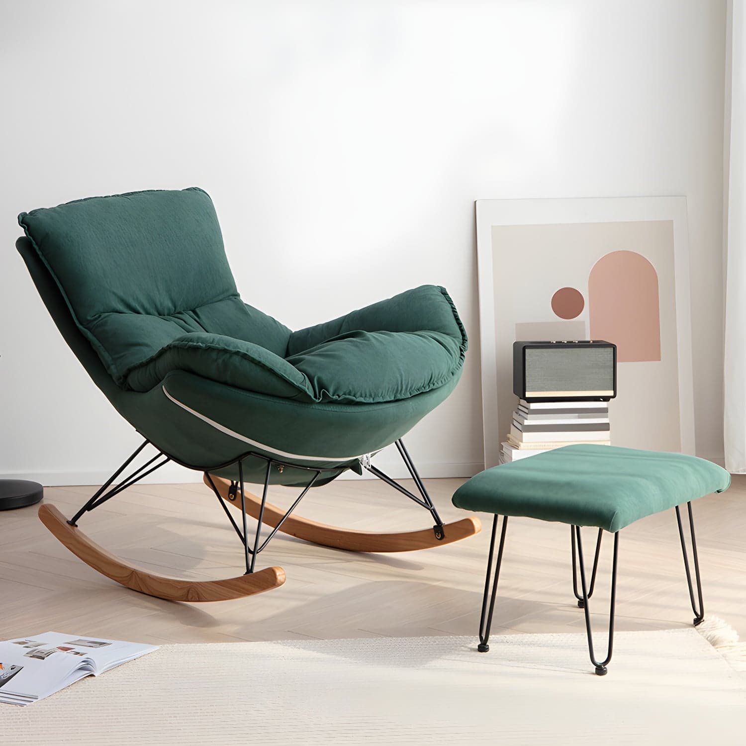 Rocking Chair Fabric Houndstooth Scratch Resistant Rocking Chair with Ottoman - image 5