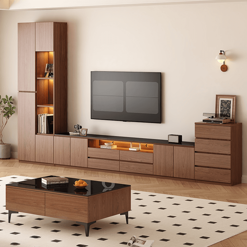 Brown TV Stand with Uncovered Storage, Shelf, 4-Drawer, 2 Cabinets/4 Cabinets, Cable Management & Light
