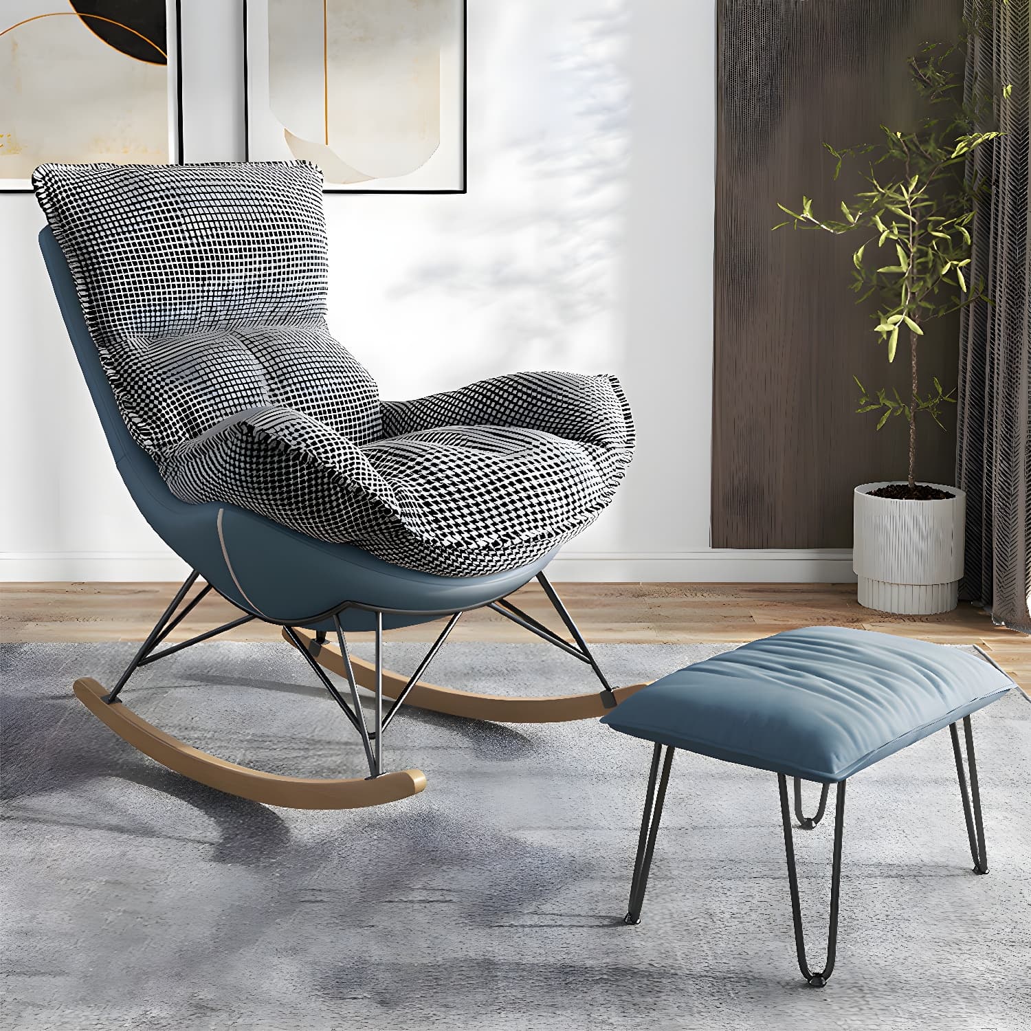 Modern Upholstered Rocking Chair and Ottoman Set - Natural Wood Legs, Stylish Design for Home Decor