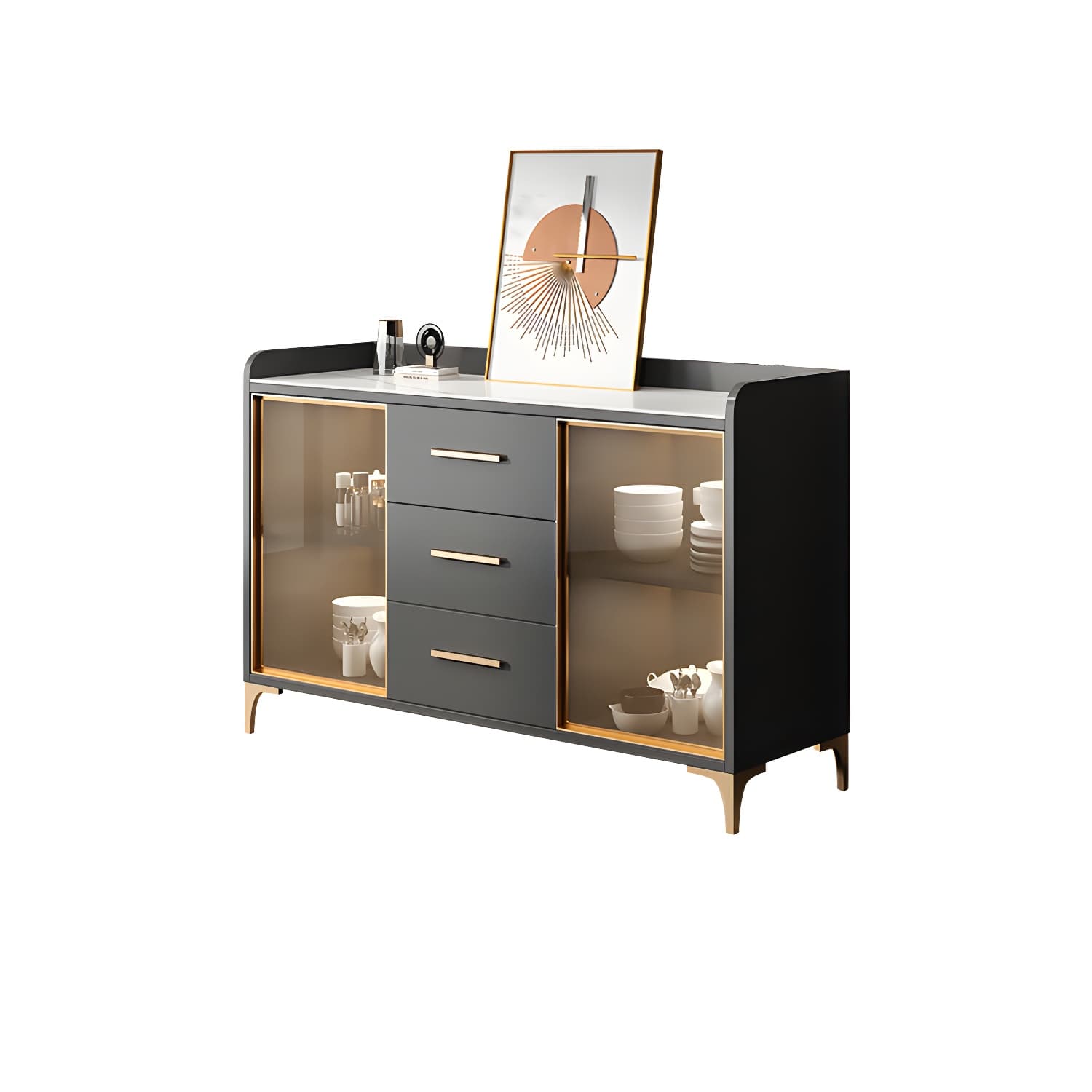 Glam Style Sideboard Wood Glass Doors Side Board with Cabinets and Drawers without Light - image 16
