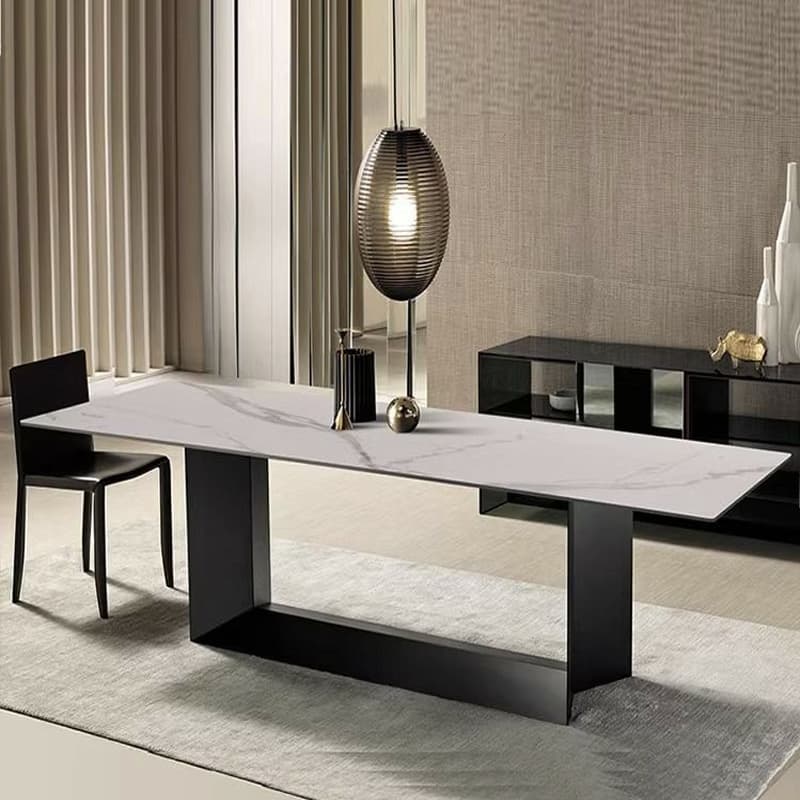 Modern Rectangle Stone Top Dining Table with Sleek Black Steel Trestle Base - image 6