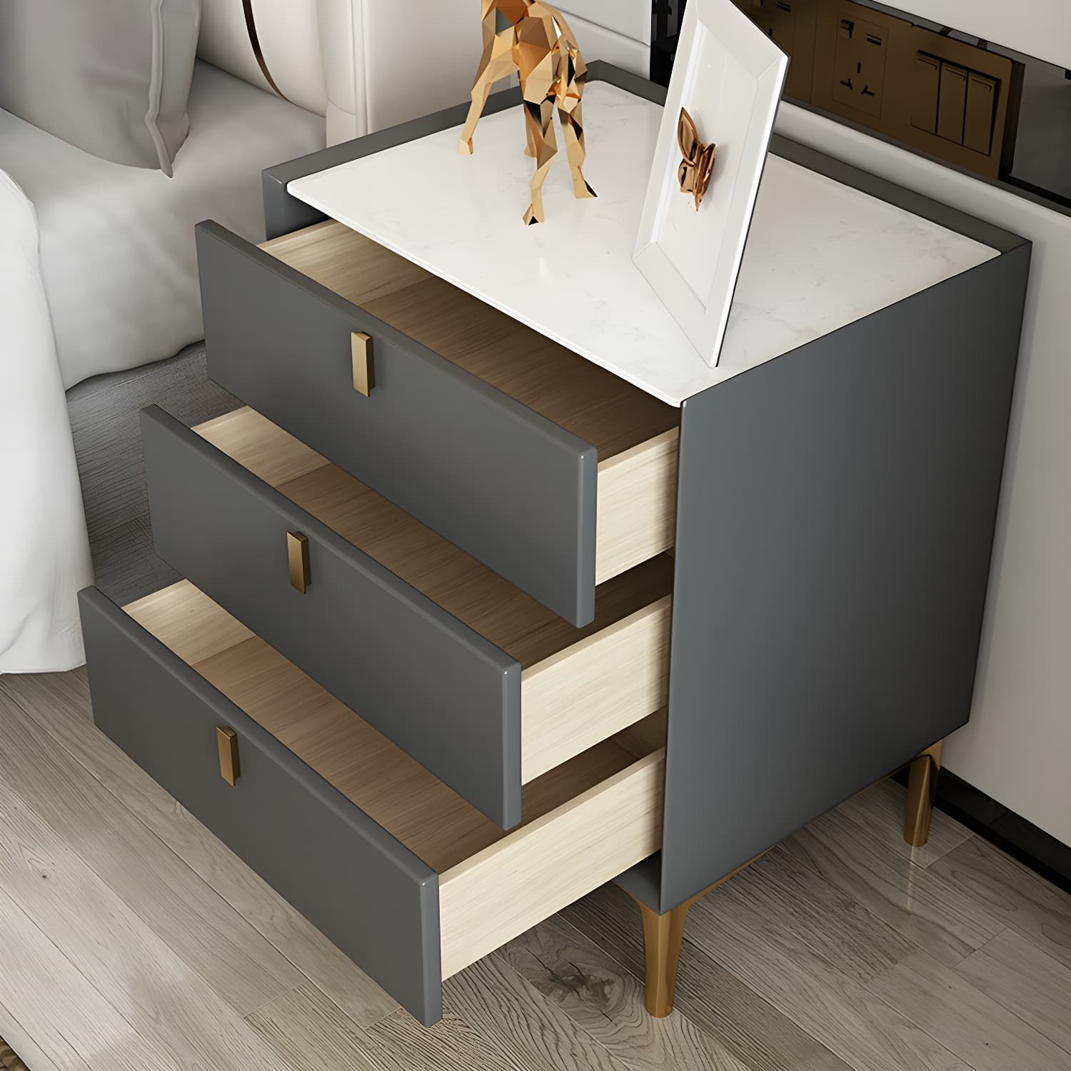 Glam Style Sintered Stone Top 3-Drawer Nightstand with Legs for Bedroom - image 11