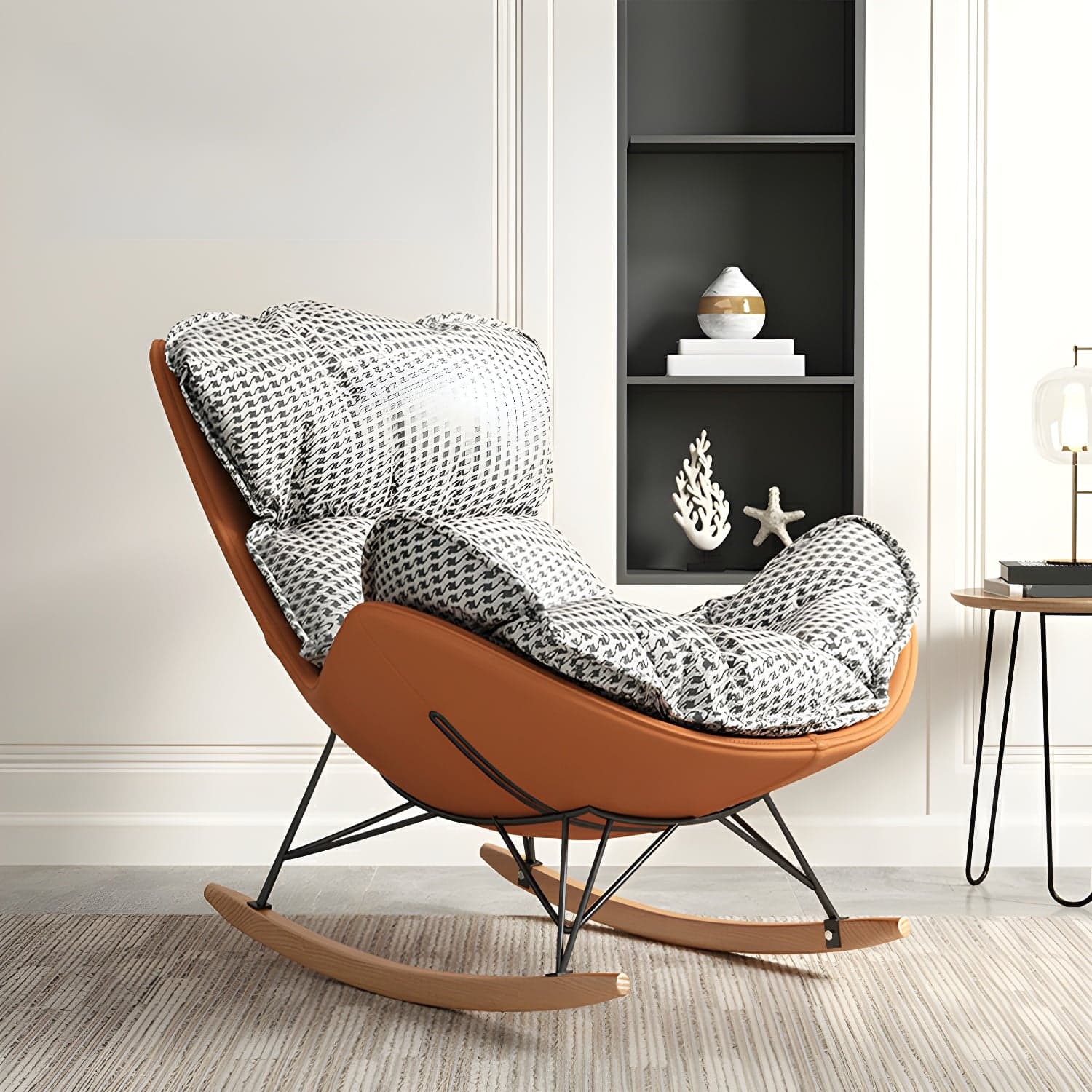 Modern Metal Rocking Chair with Upholstered Seat - Brown Legs, Removable Cushions - image 6