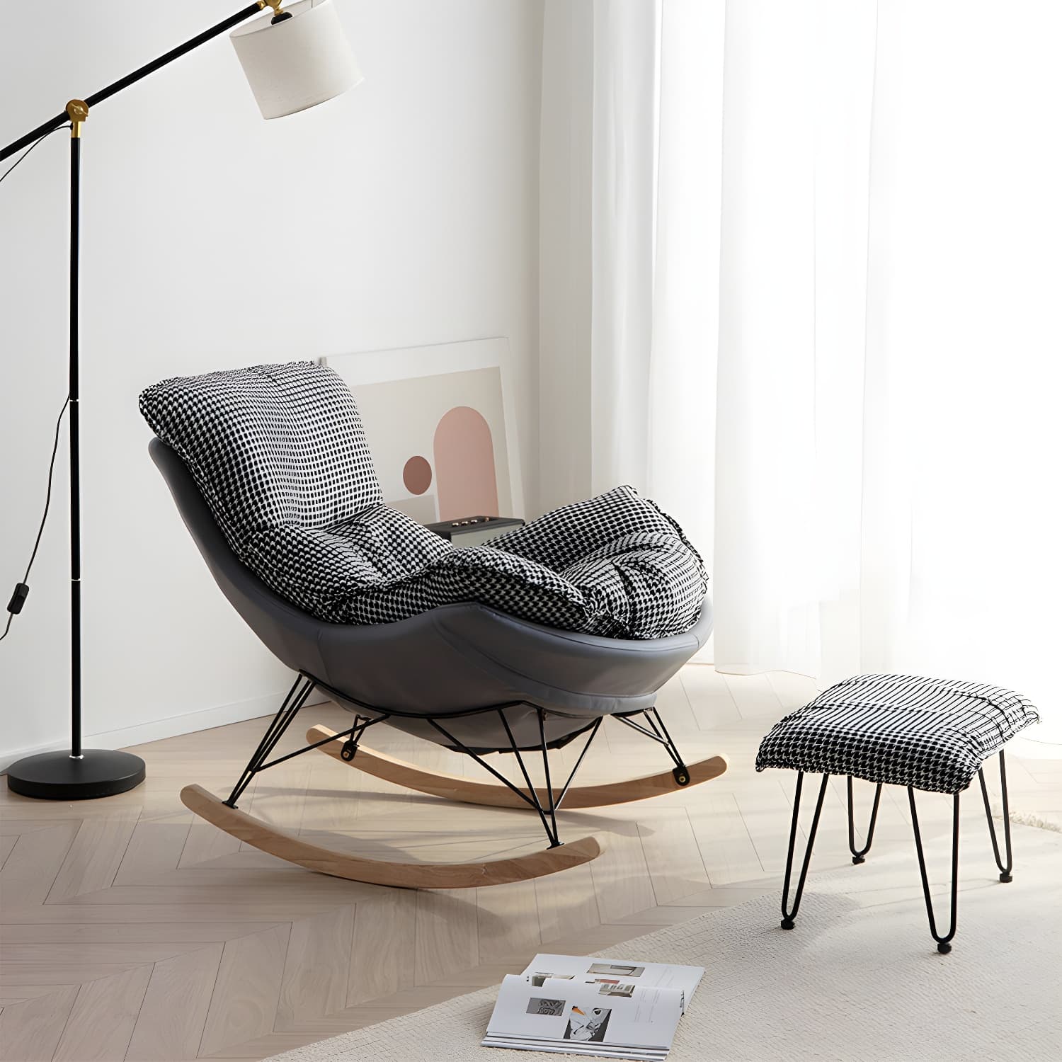 Modern Rocking Chair with Ottomans - Metal Frame, Removable Cushions, and Armless Design - image 11
