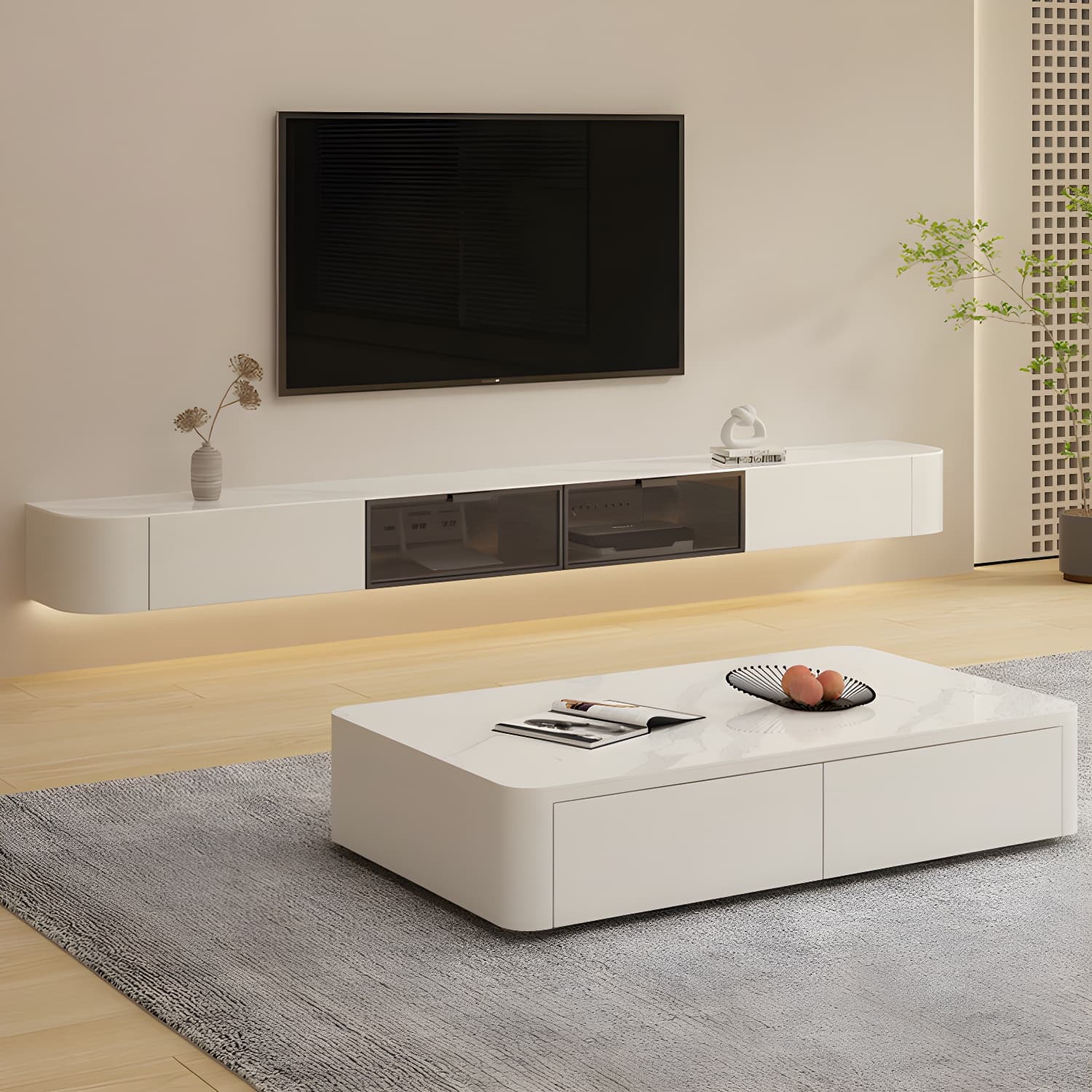 Contemporary Stone TV Stand Console White Floating TV Media Stand for Living Room - image 4