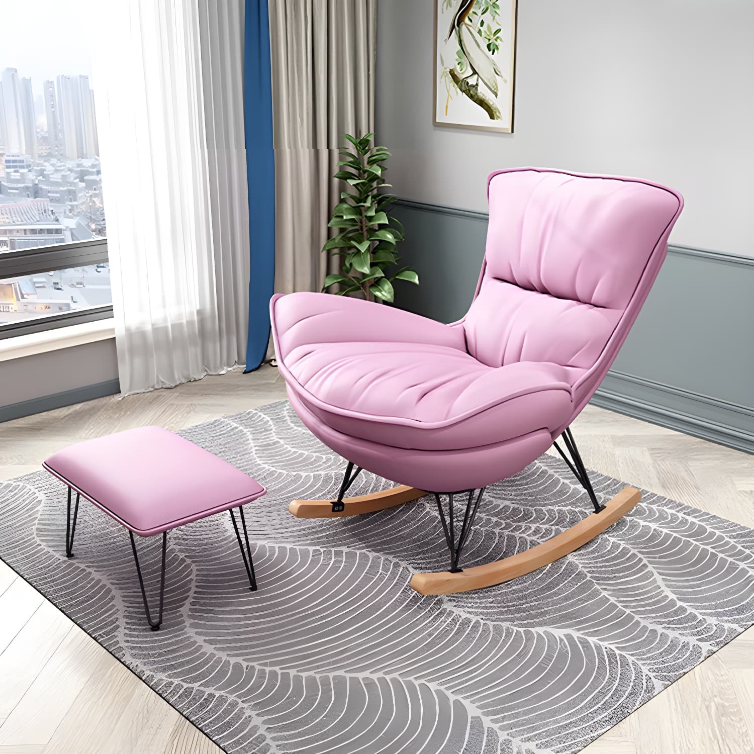 Stylish Modern Indoor Rocking Chair with Ottoman - Upholstered Seat and Natural Wood Legs - image 8