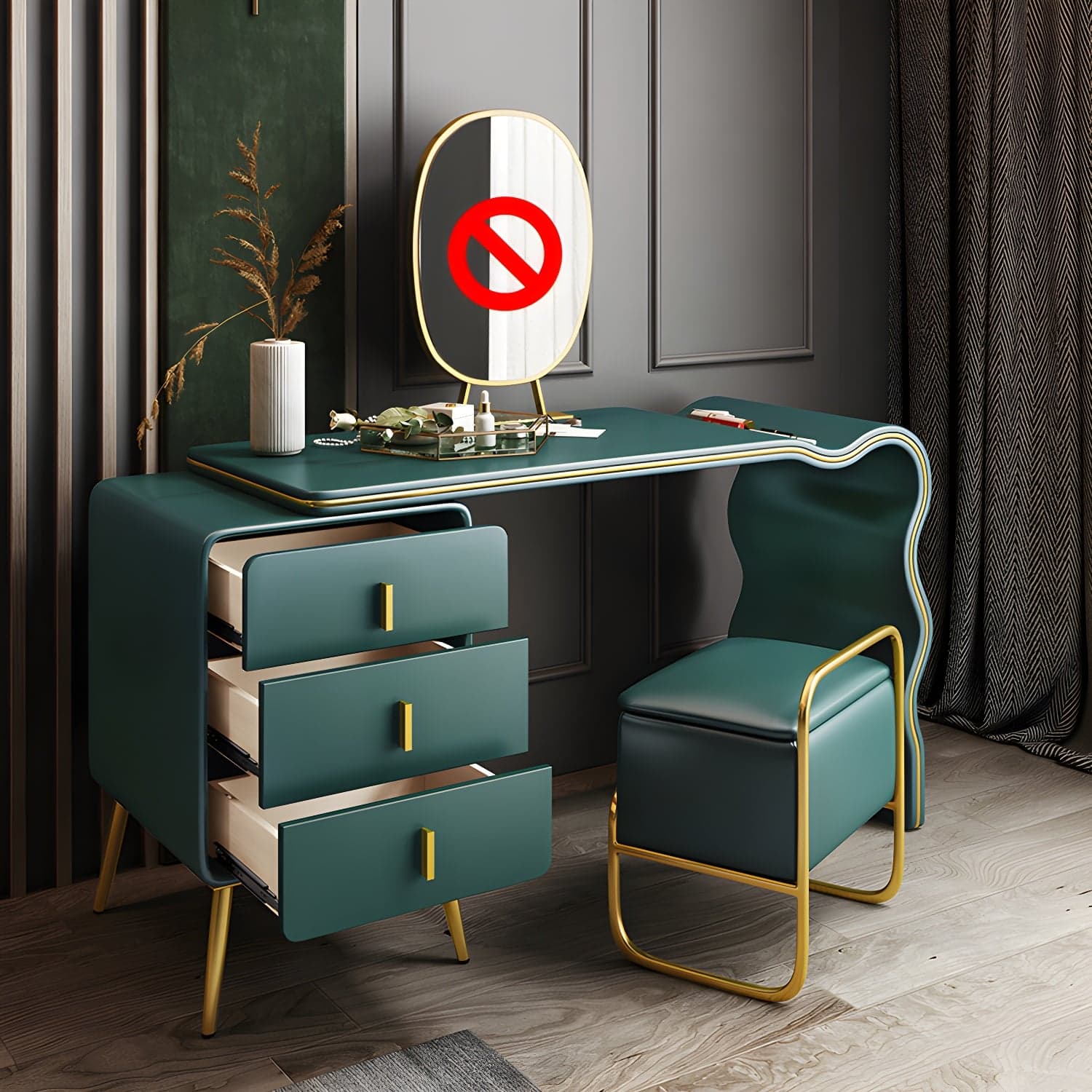 3 Drawers Make-up Vanity Set, 28.74" H Leather Vanity with Stool & Mirror - image 5