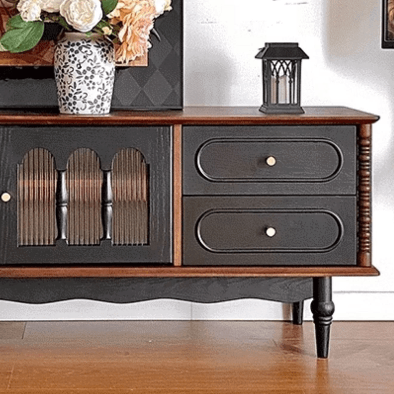 Art Deco Natural Wood TV Stand with 4 Drawers, Locker, Cable Management, and Adjustable Shelving - image 11