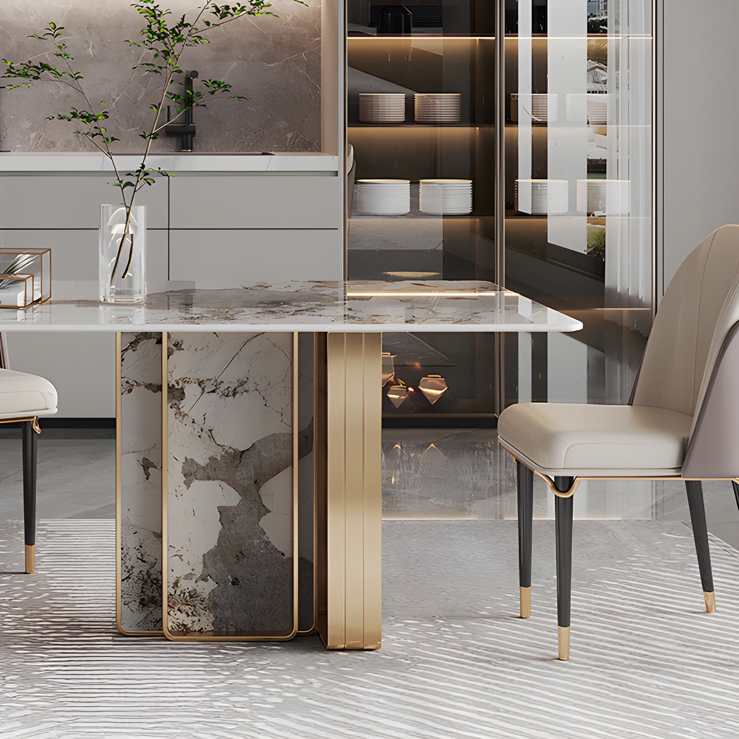 1/4/5/9 Pieces Rectangle Glam Furniture Stone Dining Table Set with Double Pedestal Base - image 6