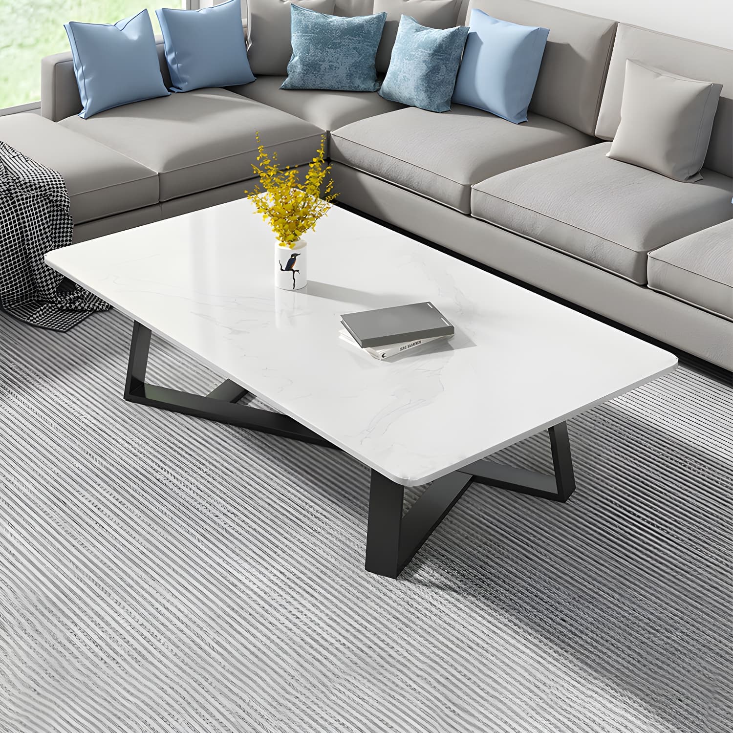 Modern Rectangle Coffee or End Table Stone and Steel Coffee Table with Cross Legs