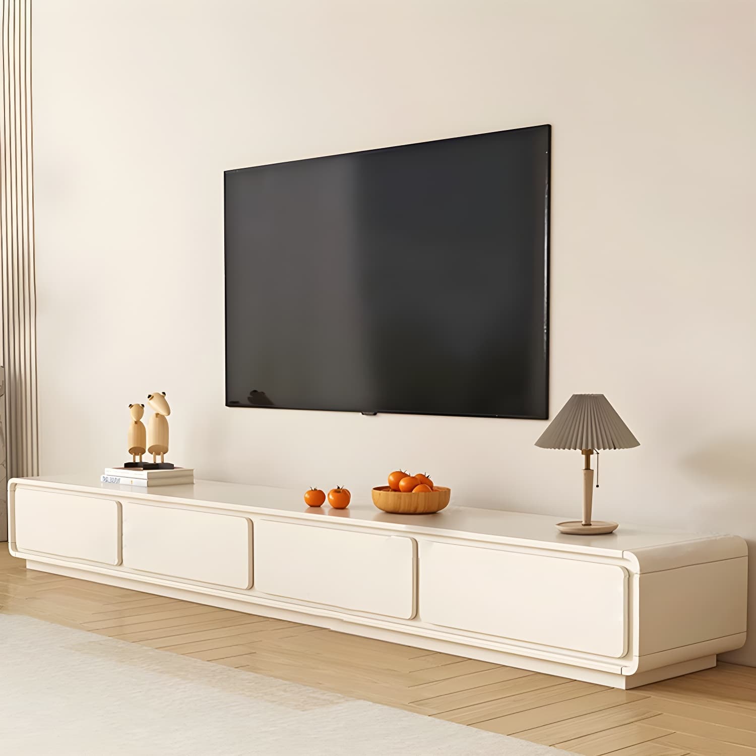 Beige Modern TV Stand with Soft Close Drawers - Cable Management - No Assembly Required