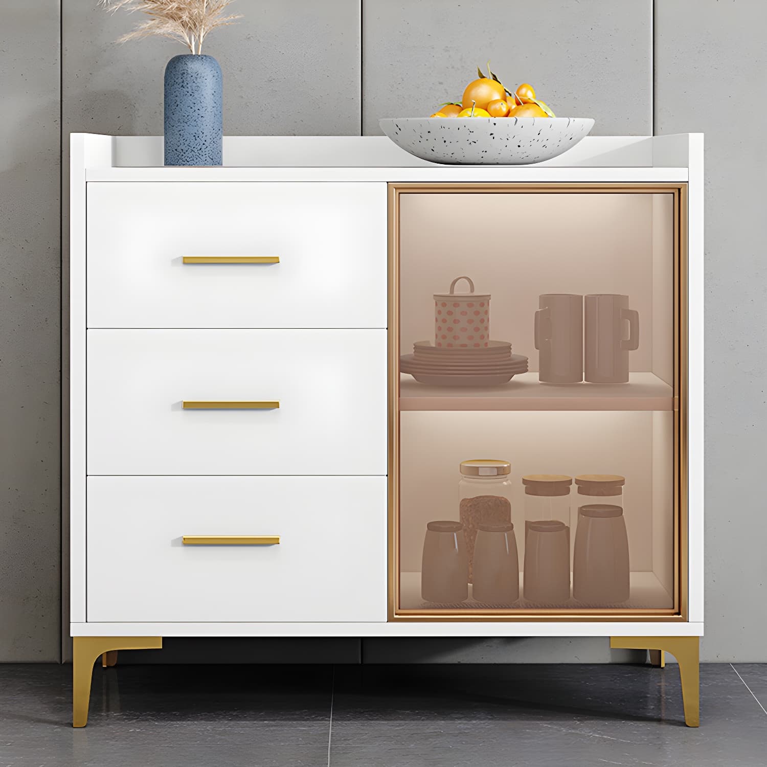 Wood Buffet Table Glam Style Side Board with Cabinets and Drawers