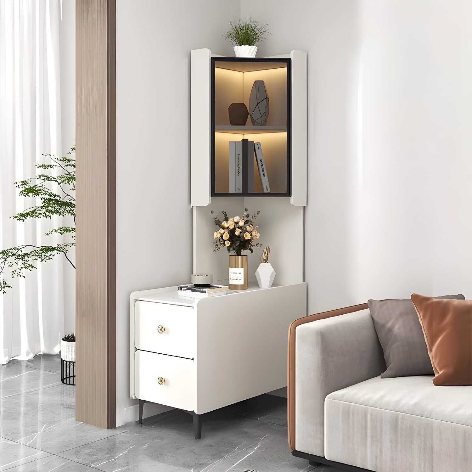 Elegant Corner Accent Cabinet with Glass Doors and Black Metal Base - image 4