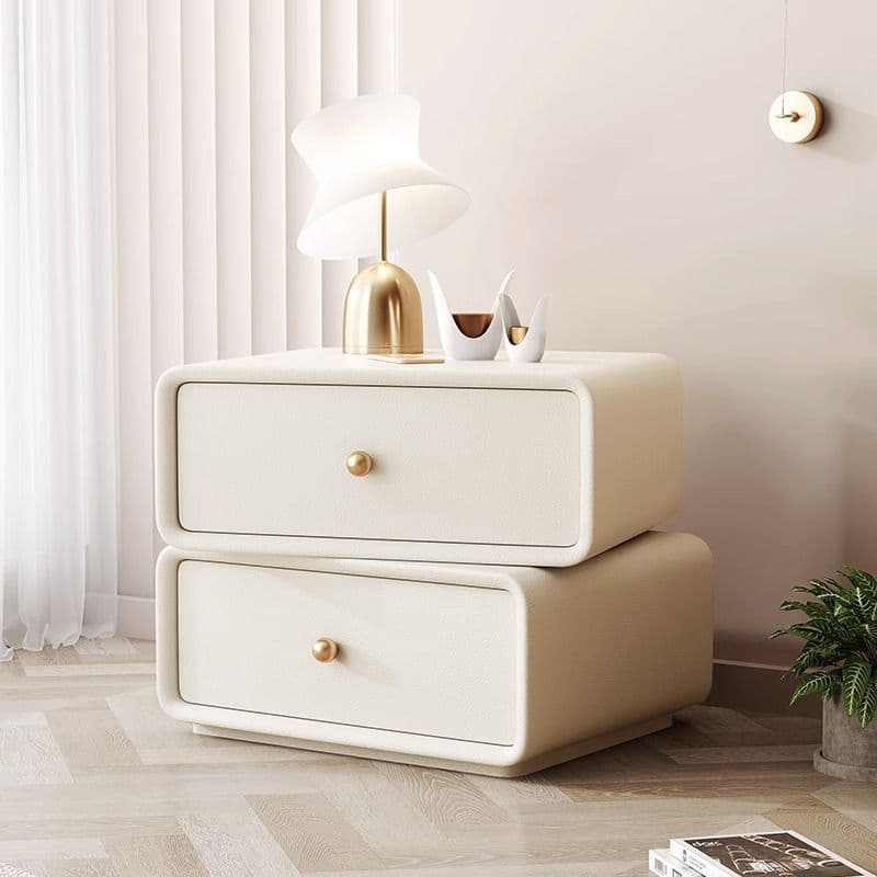 Simplistic 2 Tiers Drawer Storage Nightstand with Light Colored Wood, Swivel Feature, and Pleather Countertop