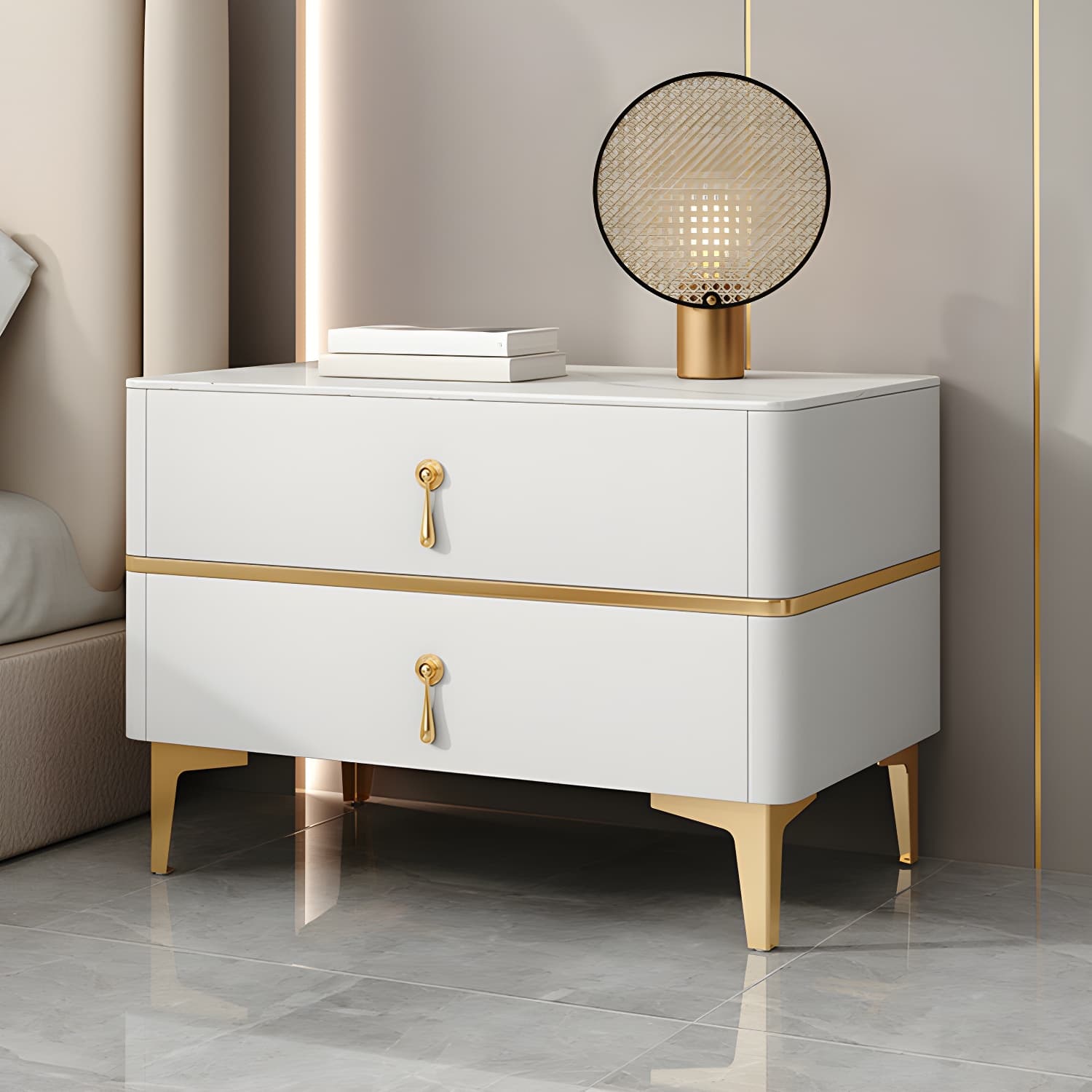 Glam Style Sintered Stone Top 2- Drawer Nightstand with Legs for Bedroom - image 10