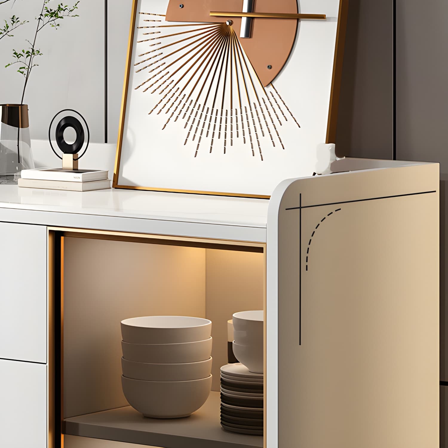 Glam Style Sideboard Wood Glass Doors Side Board with Cabinets and Drawers without Light - image 15