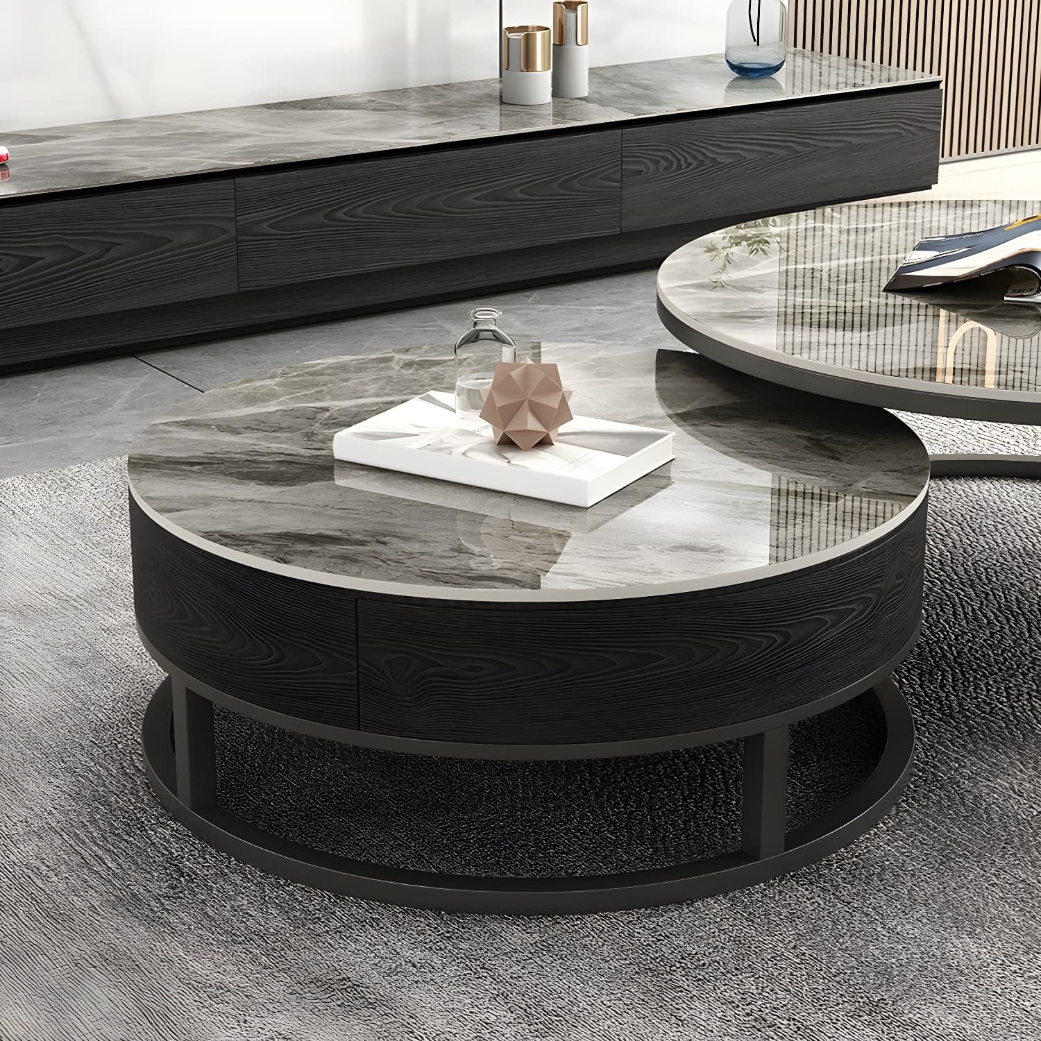 Set of 2 Round Stone Top Modern Nesting Tables with Black Metal Frames and Drawers Included - image 7