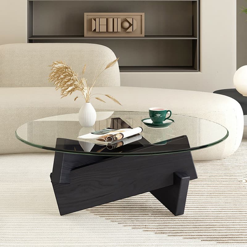 Stylish Round Glass Coffee Table with Tempered Top and Abstract Wood Base - image 4