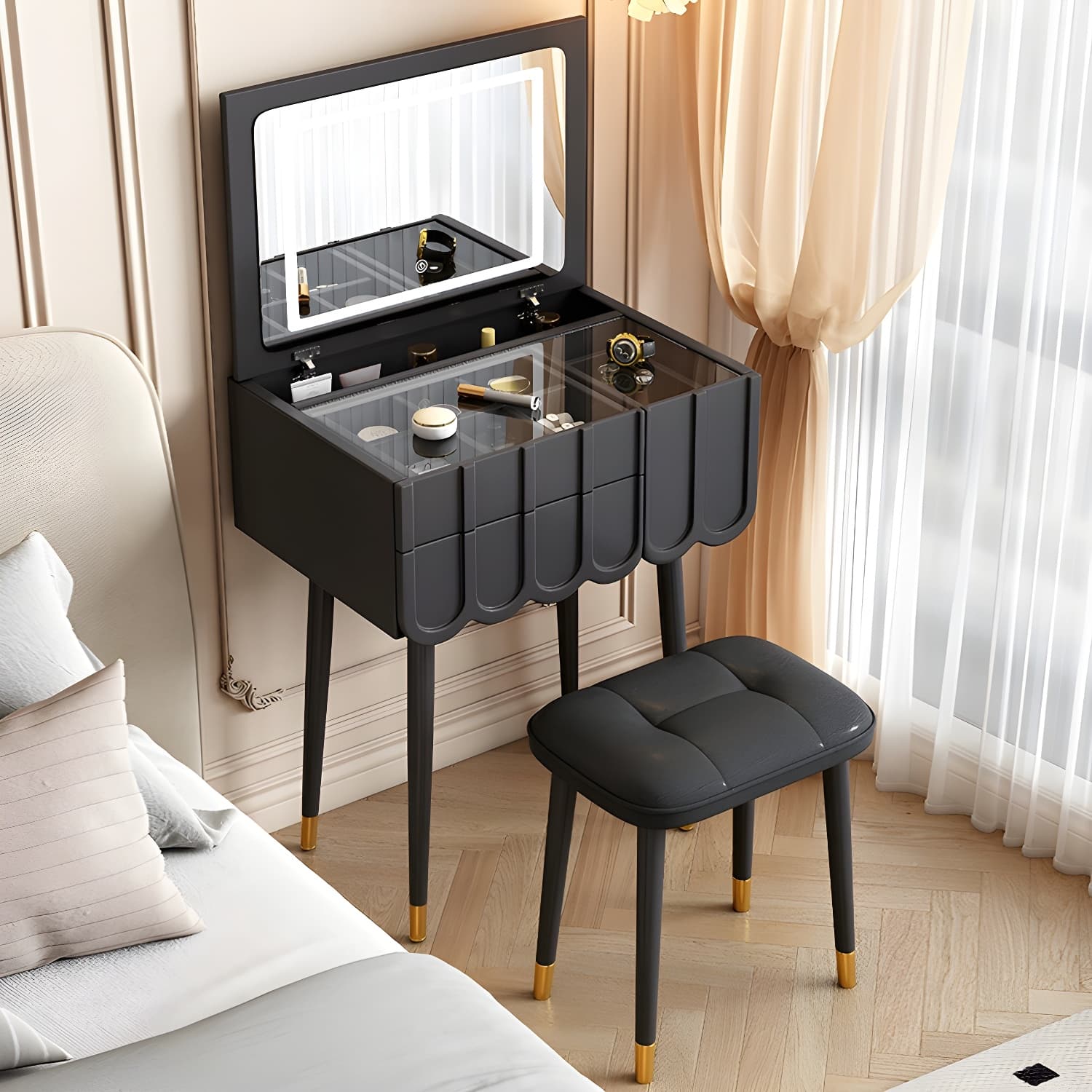 Elegant Vanity Set with Oak Top & Mirror & 2 Drawers & Comfortable Seat - image 3