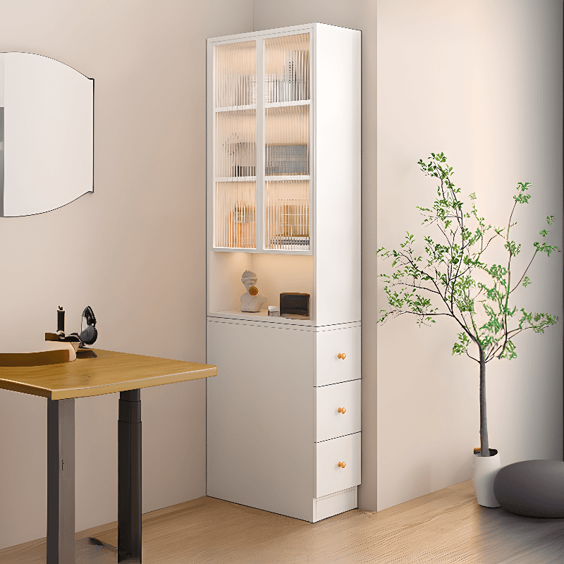 Contemporary Rectangle Utility Cabinet with Locker, Glass Door, Changeable Shelf, Gray/White Top, and Soft Close Drawer