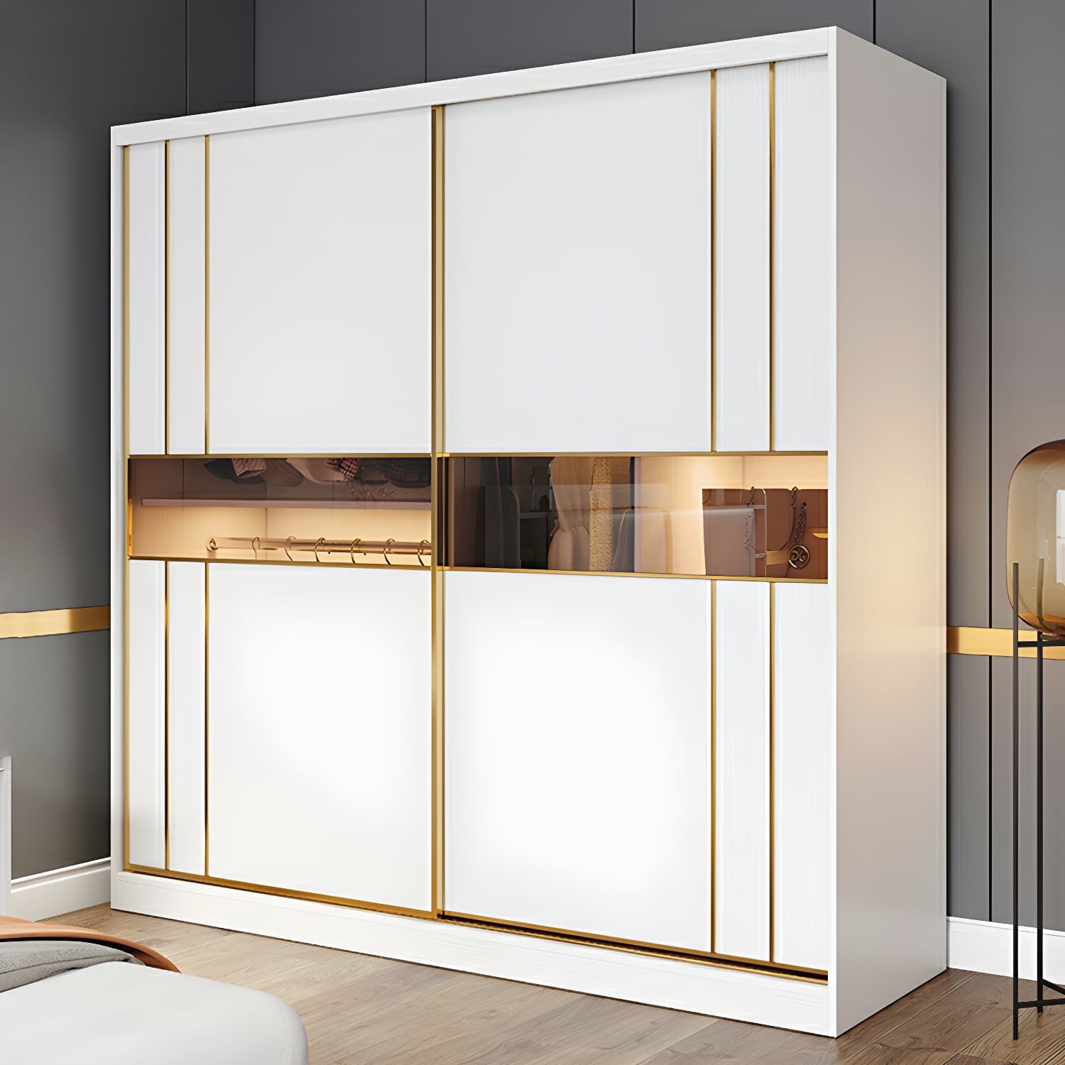 Modern White Wardrobe Armoire with Mirror, Drawers & Clothing Rod - image 3